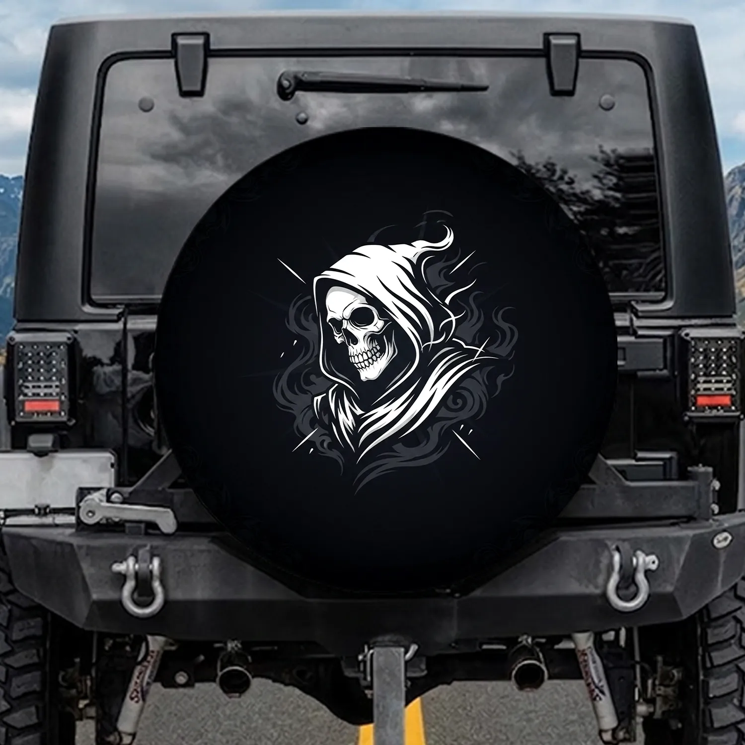 Stark White Grim Reaper Skull Halloween Party - Horror Fan Gift Spare Tire Cover - 1