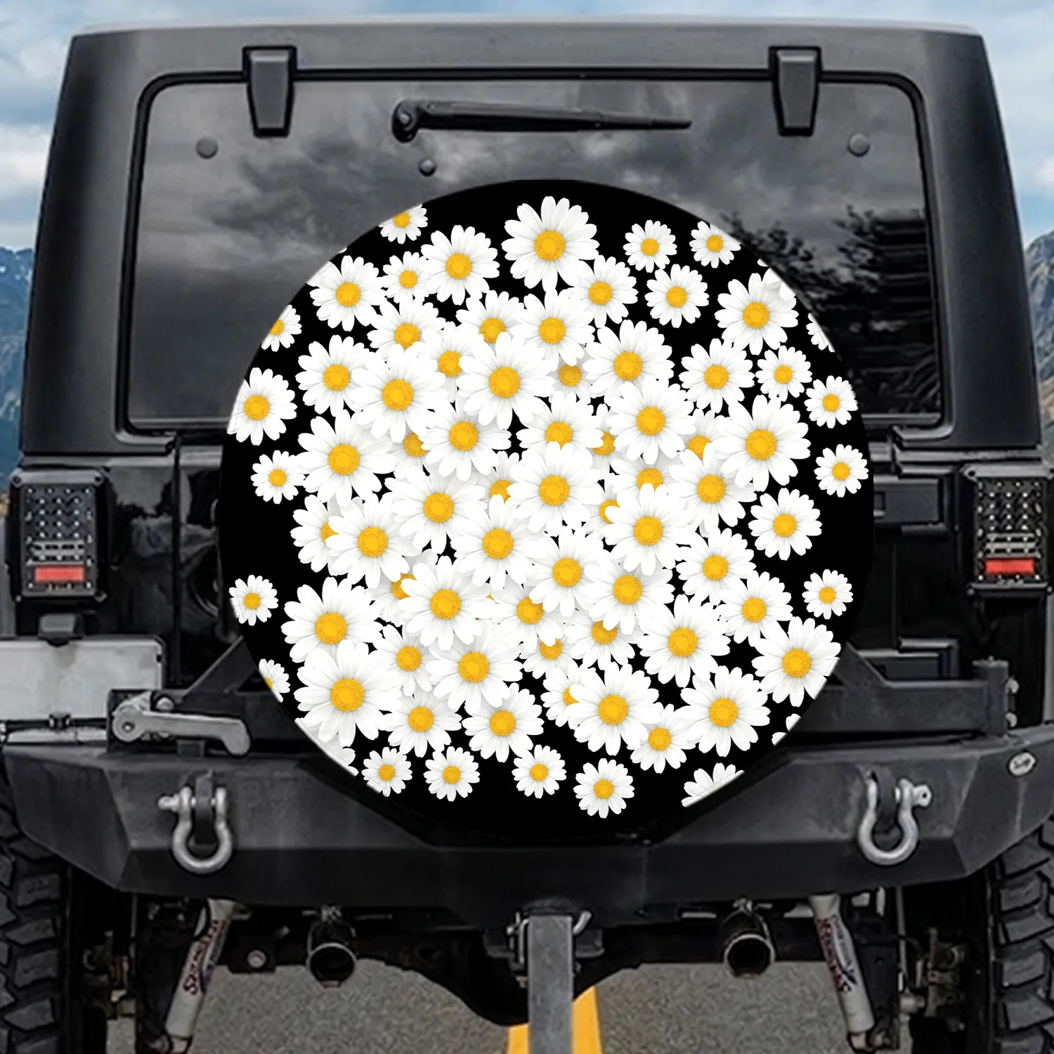 White Daisy Flowers Yellow Centers Black Background - Travel Essentials Spare Tire Cover - 1