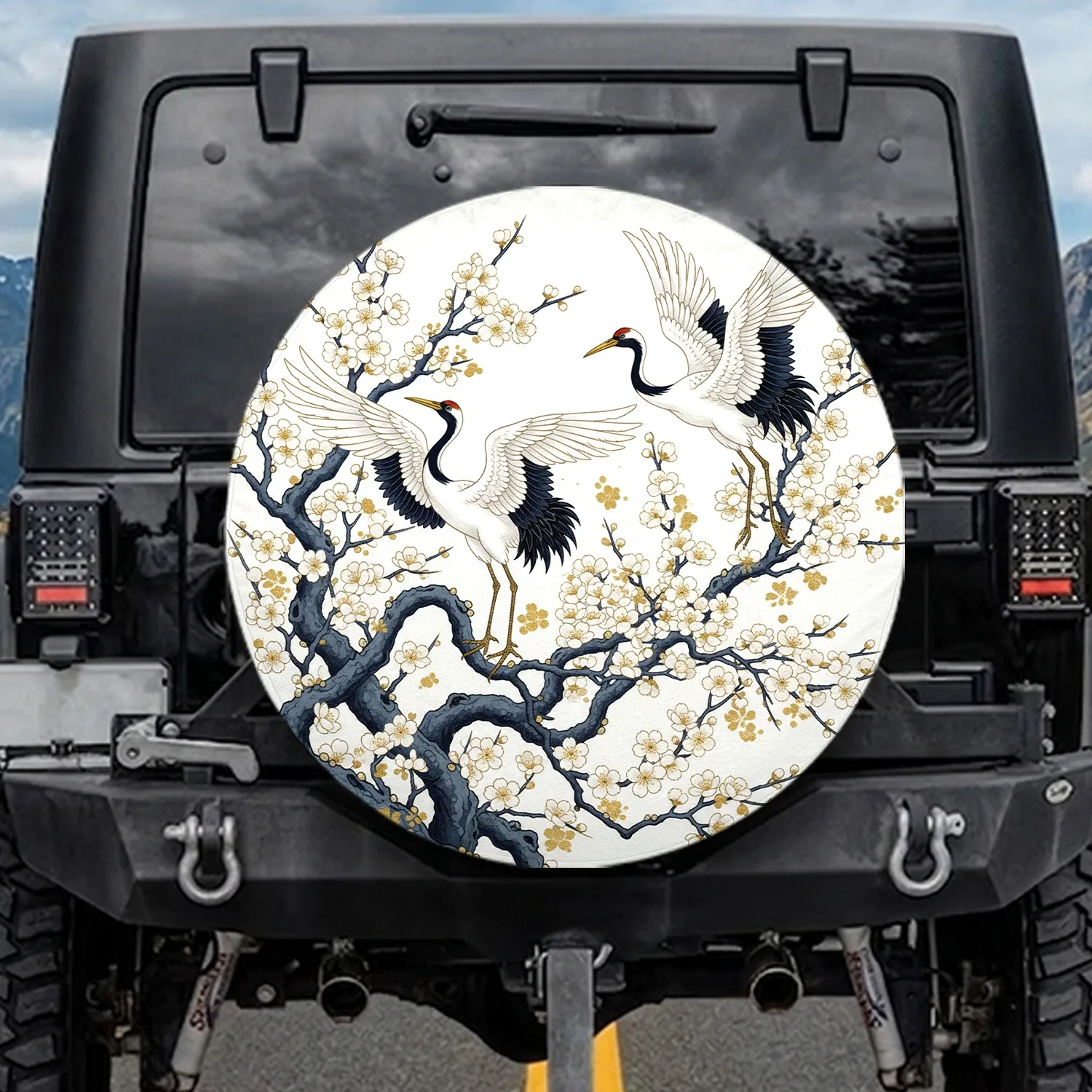Japanese Cranes Flowering Tree Cherry Blossoms Ornamental Flowers - Nature Lover Home Decor Gift Spare Tire Cover - 1
