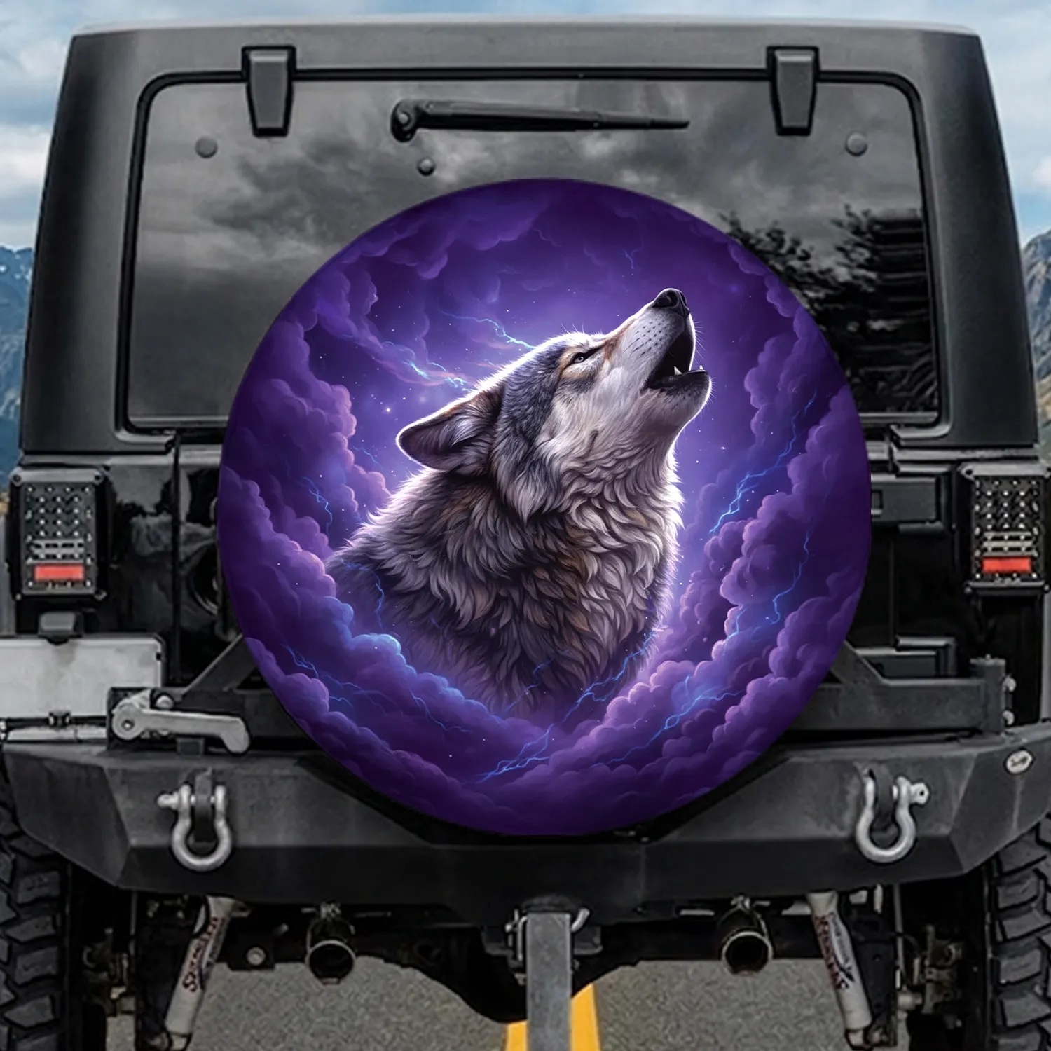 Majestic Howling Wolf Head Glowing Cosmic Purple Mists - Wildlife Adventure Gift Spare Tire Cover - 1