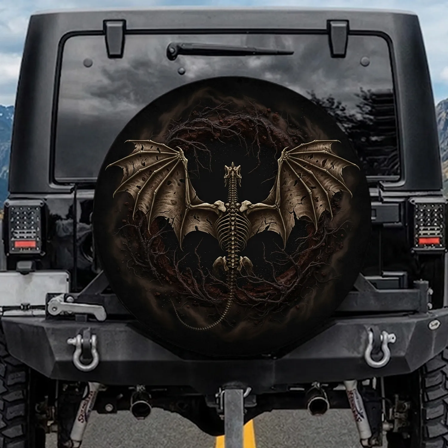 Weathered Skeletal Dragon Jagged Leathery Wings Segmented Spine - Dark Fantasy Lover Gift Spare Tire Cover - 1