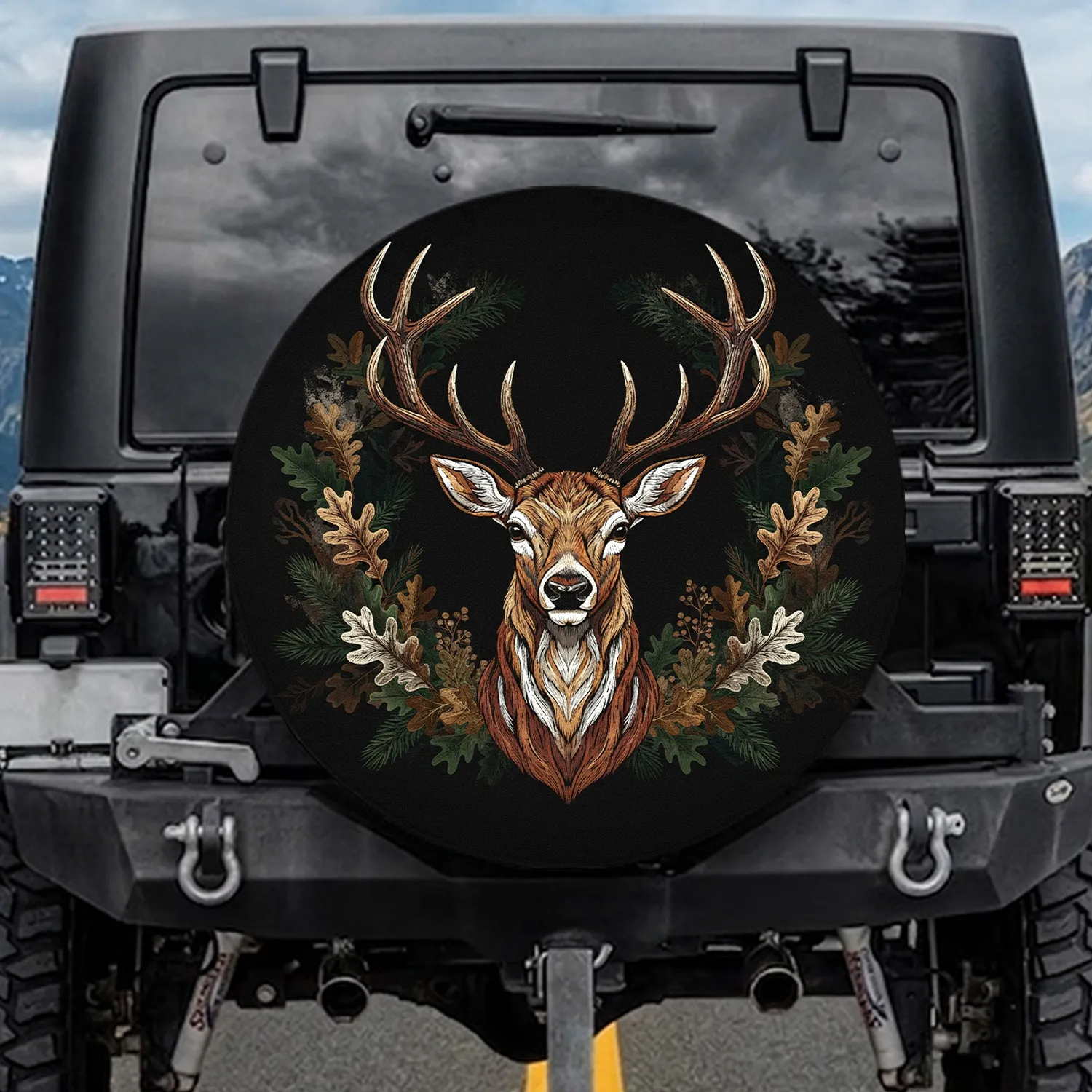 Forward-Facing Deer Head Antlers Oak Leaves Pine Branches Forest - Wildlife Lover Gift Spare Tire Cover - 1