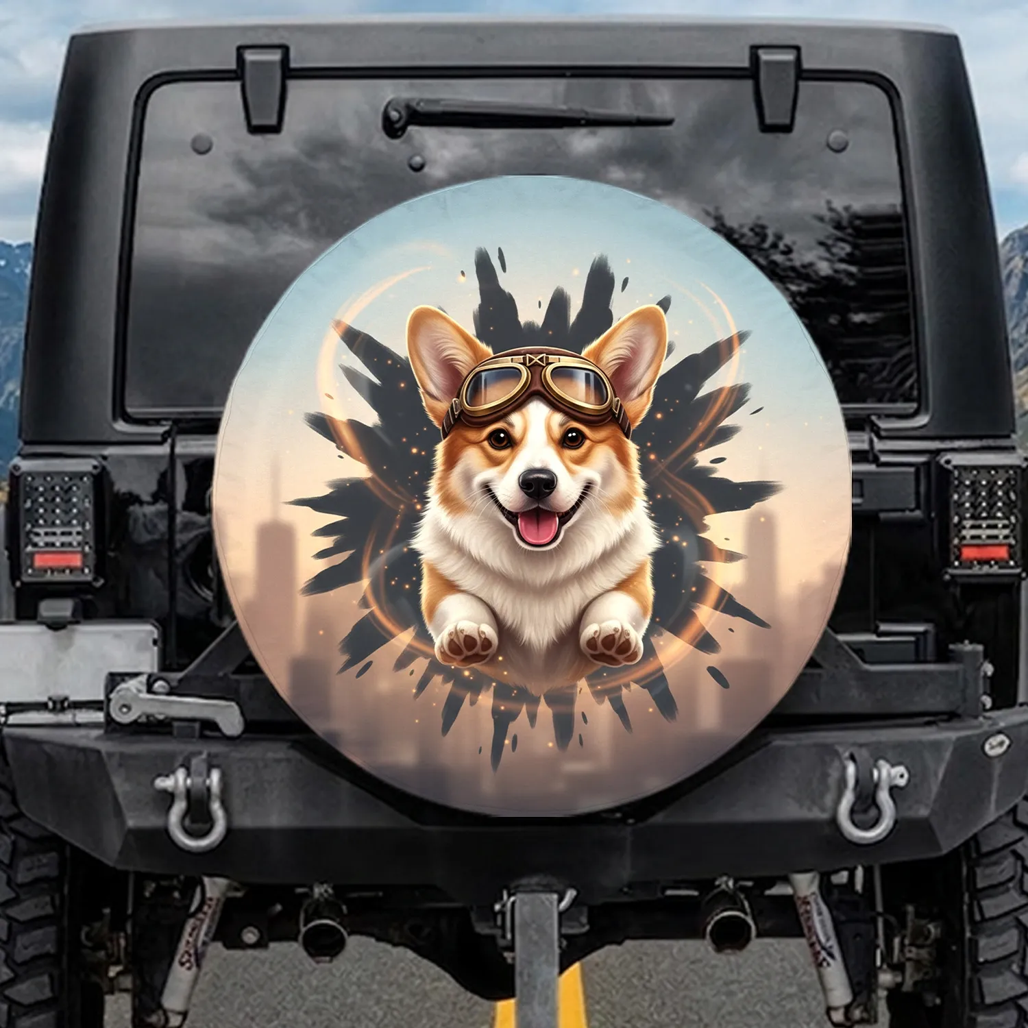 Smiling Corgi Aviator Goggles Dog Urban Sky Silhouette Background - Dog Lover Gift Spare Tire Cover - 1
