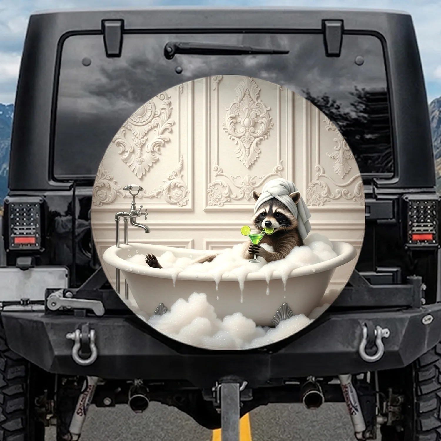 Raccoon Spa Bathtub Cocktail Lime Bubbles - Home Decor Gift for Wildlife Lovers Spare Tire Cover - 1