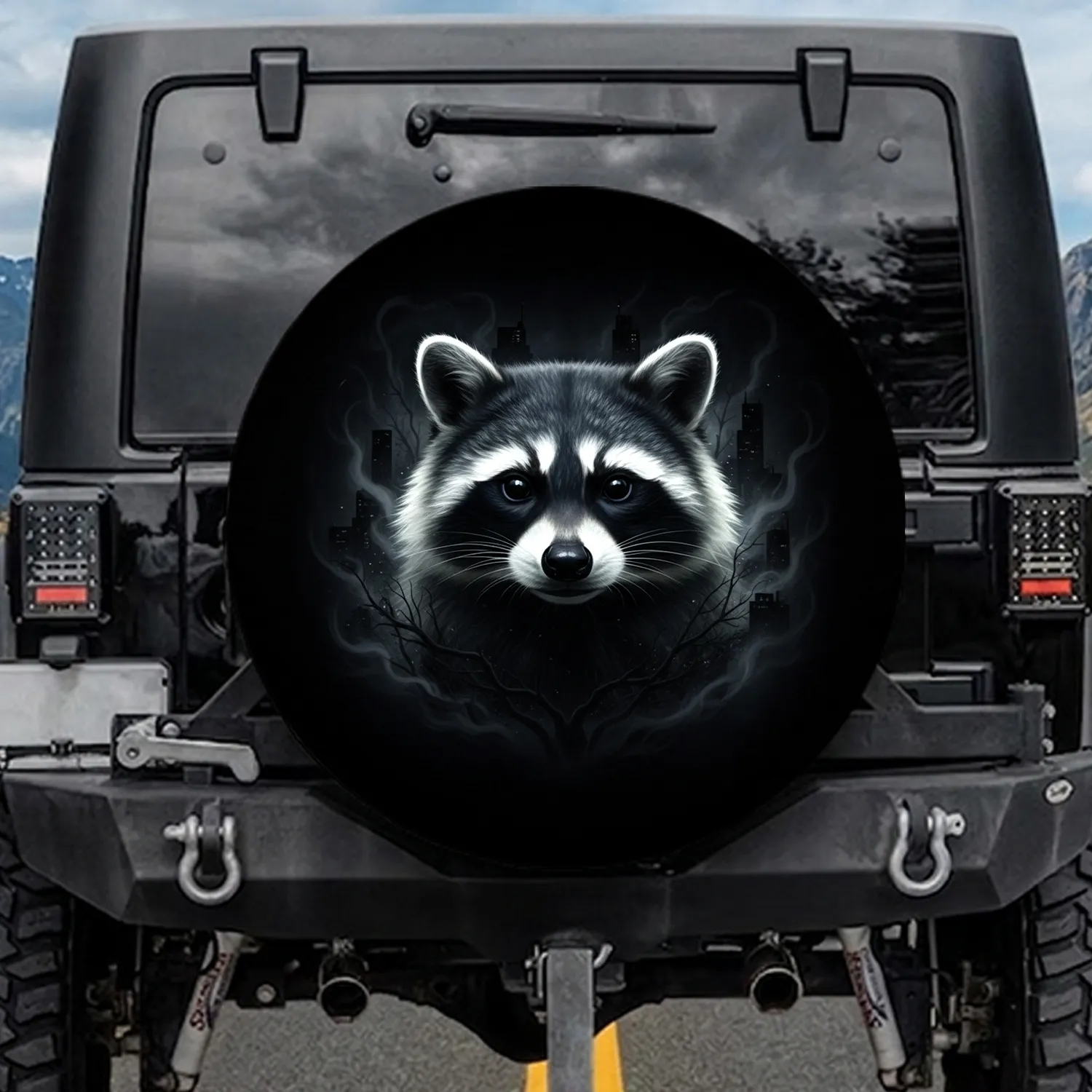 Raccoon Head Black White Fur Dark Forest Nocturnal Mist - Wildlife Lover Gift Spare Tire Cover - 1
