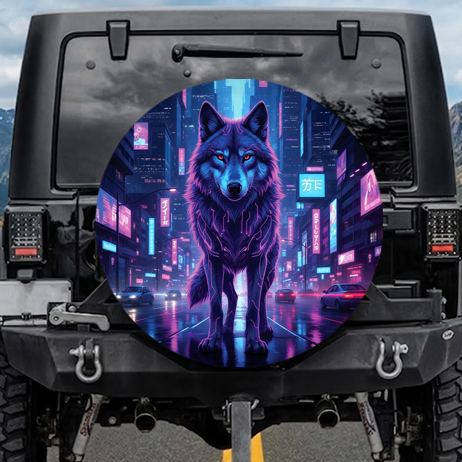 Futuristic Neon Wolf Cyberpunk Cityscape - Sci-Fi Lover Gift Spare Tire Cover - 1