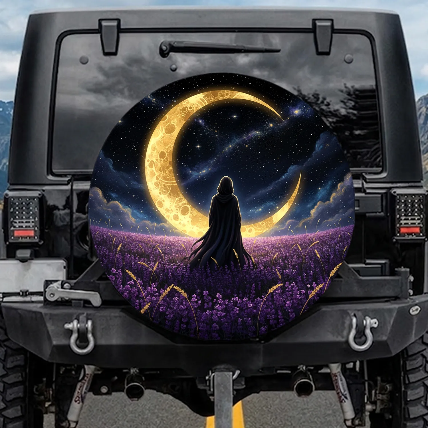Cloaked Figure Golden Moon Lavender Field Cosmic Stars - Outdoor Adventure Gift Spare Tire Cover - 1
