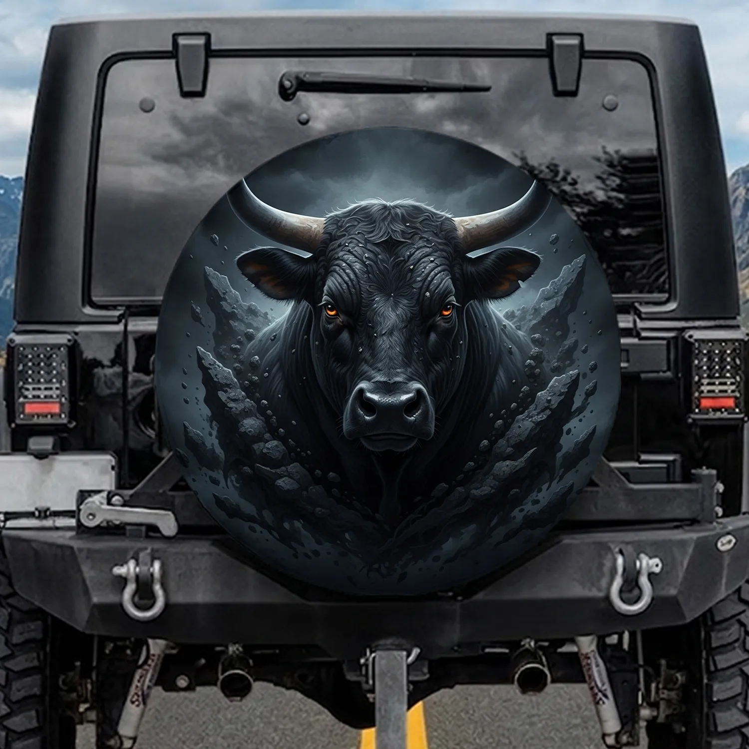 Black Bull Head Strength Symbol - Wildlife Lover Gift Spare Tire Cover - 1