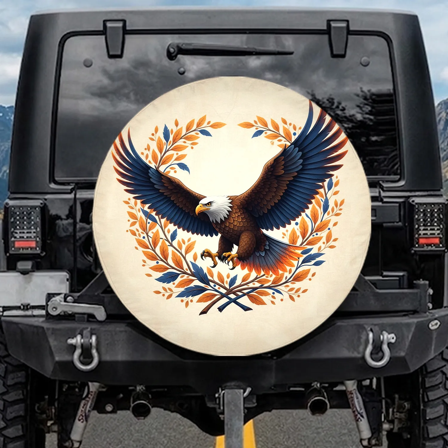 White Head Flying Eagle Intertwined Laurel Branches - Outdoor Wildlife Lover Gift Spare Tire Cover - 1