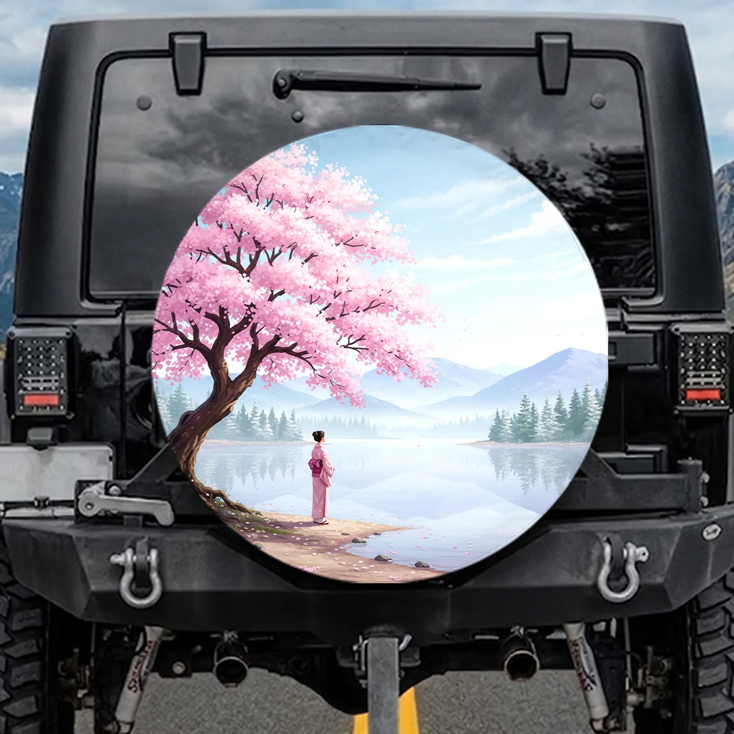 Ancient Cherry Blossom Tree Kimono Figure Lake Shore Scene - Home Decor Gift Spare Tire Cover - 1