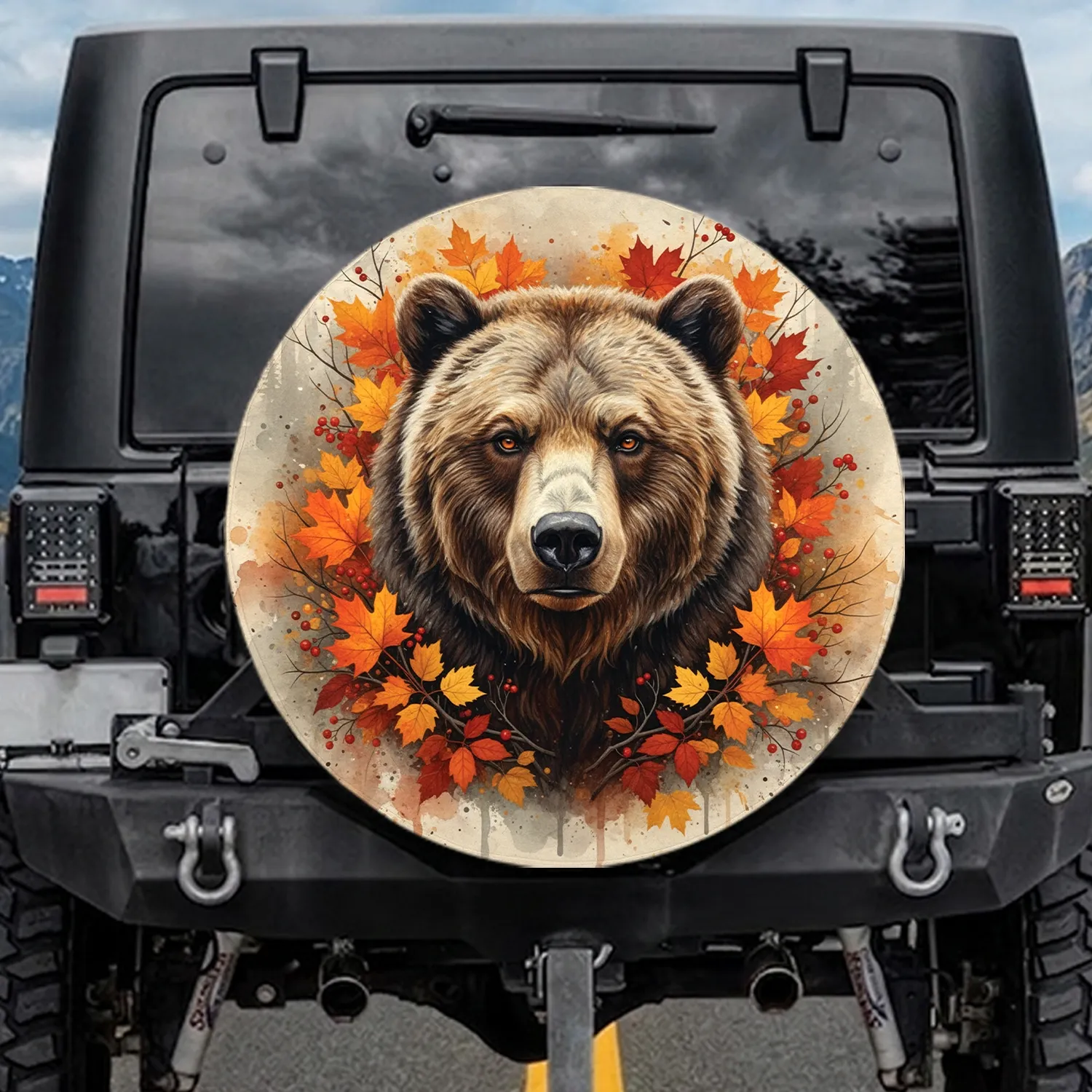 Majestic Grizzly Bear Autumn Leaves Berries Branches Forest - Wildlife Lover Gift Spare Tire Cover - 1