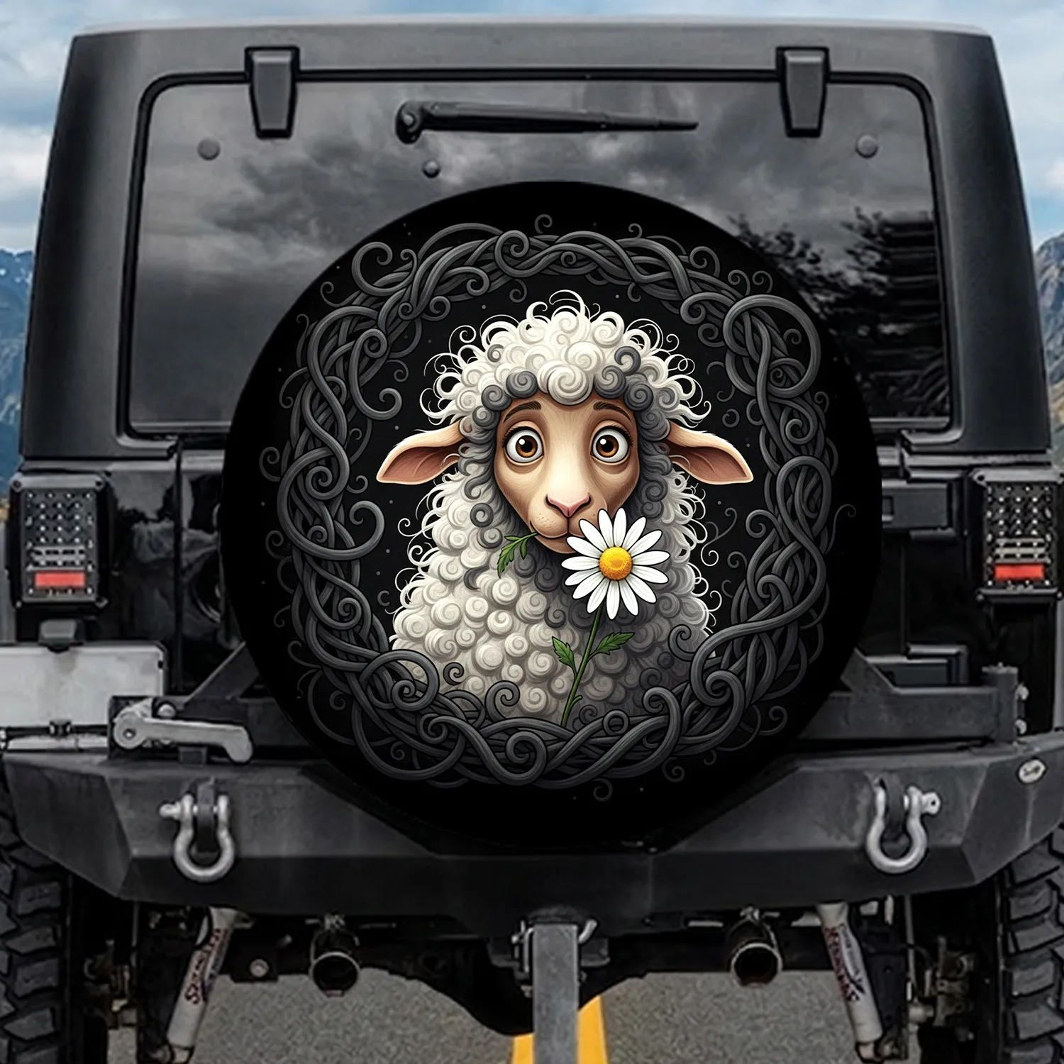 Bewildered Curly Sheep Creature Daisy Flower - Everyday Home Decor Gift for Animal Lovers Spare Tire Cover - 1