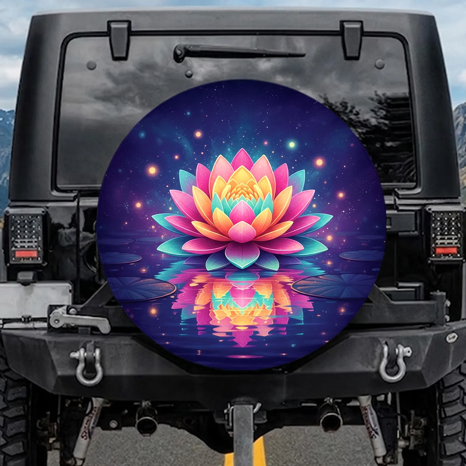 Glowing Lotus Flower Water Reflection - Home Decor Gift Spare Tire Cover - 1