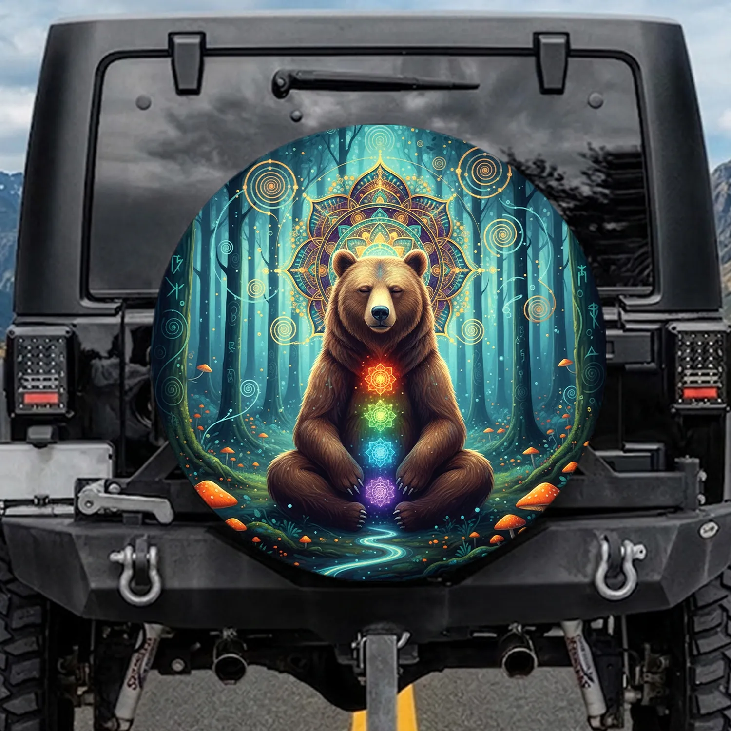 Meditating Brown Bear Chakra Celestial Mandala Forest - Yoga Gift for Nature Lover Spare Tire Cover - 1