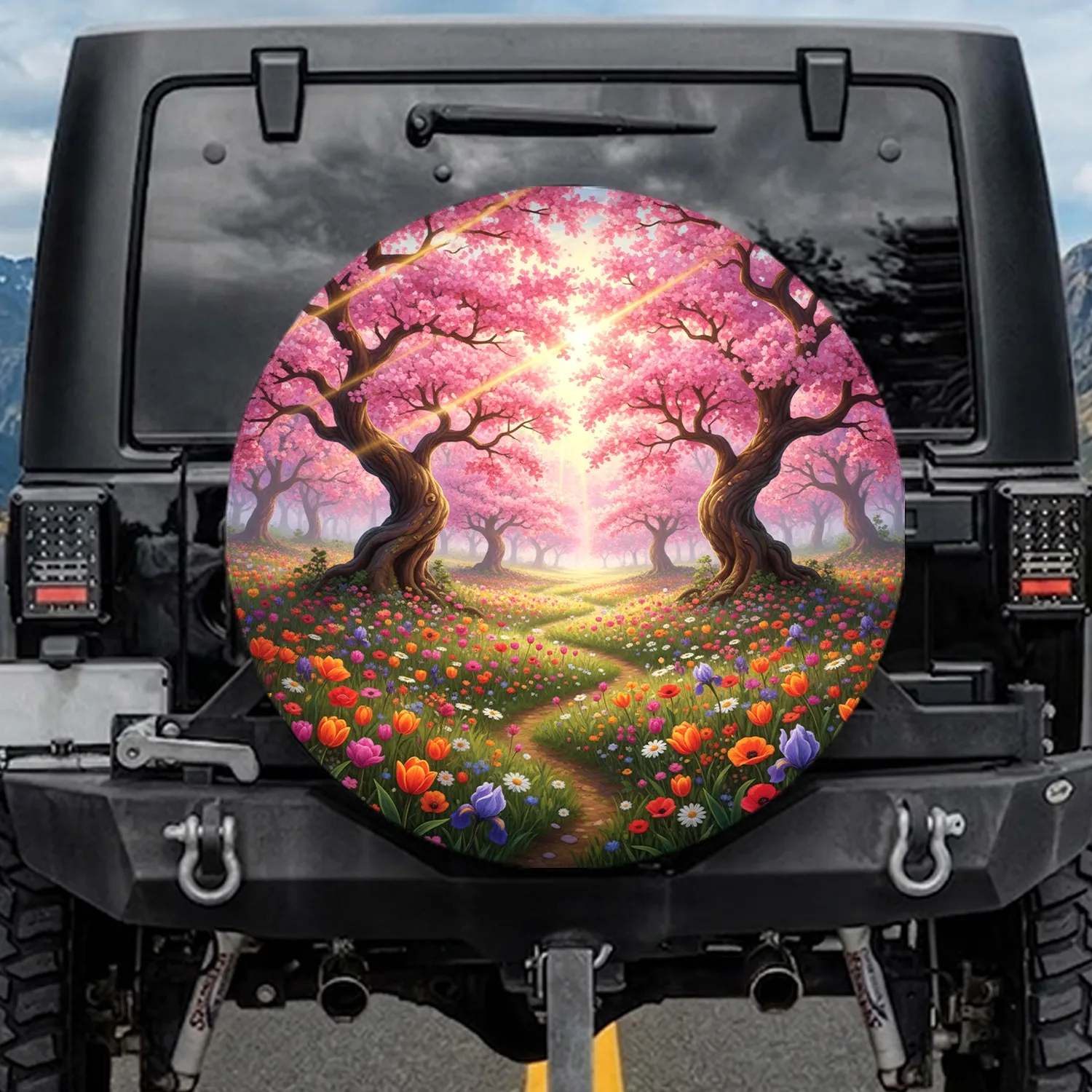Spring Forest Cherry Blossom Trees Wildflower Meadow Sunbeams - Nature Lover Gift Spare Tire Cover - 1