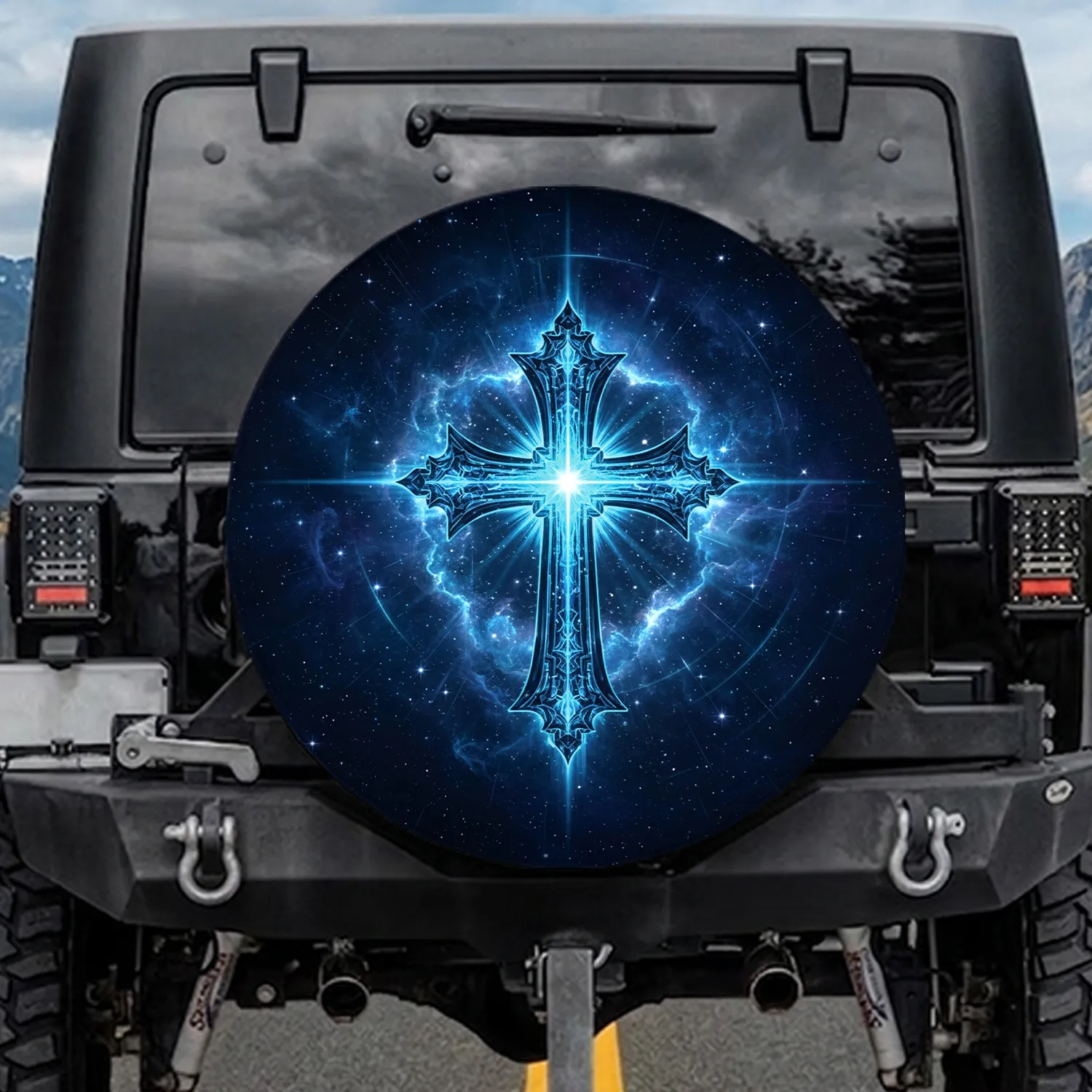 Ornate Futuristic Glowing Blue Cross Rays Celestial Nebulae Starlight - Spiritual Lifestyle Gift Spare Tire Cover - 1