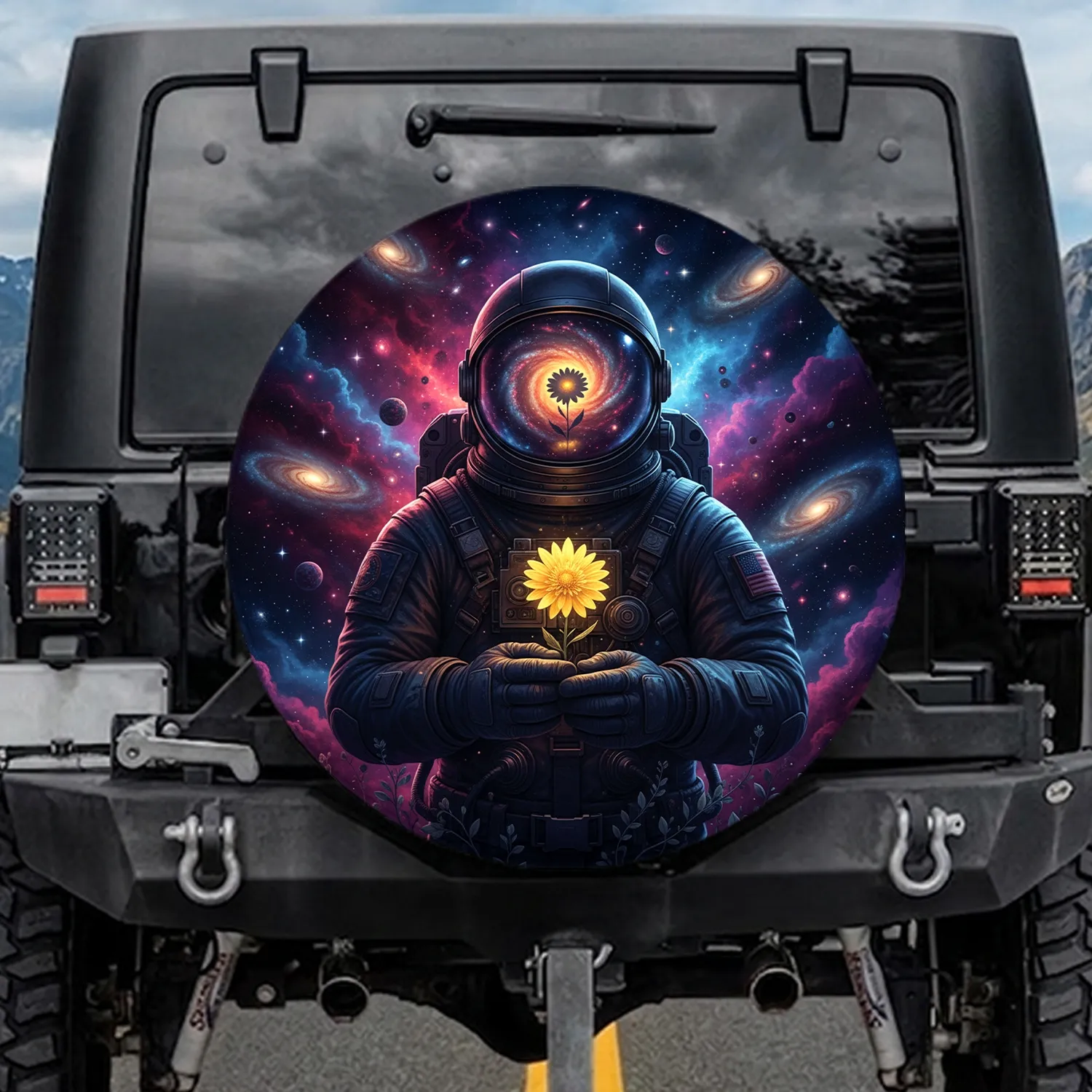 Astronaut Galaxy Yellow Flower - Cosmos Explorer Space Lover Gift Spare Tire Cover - 1
