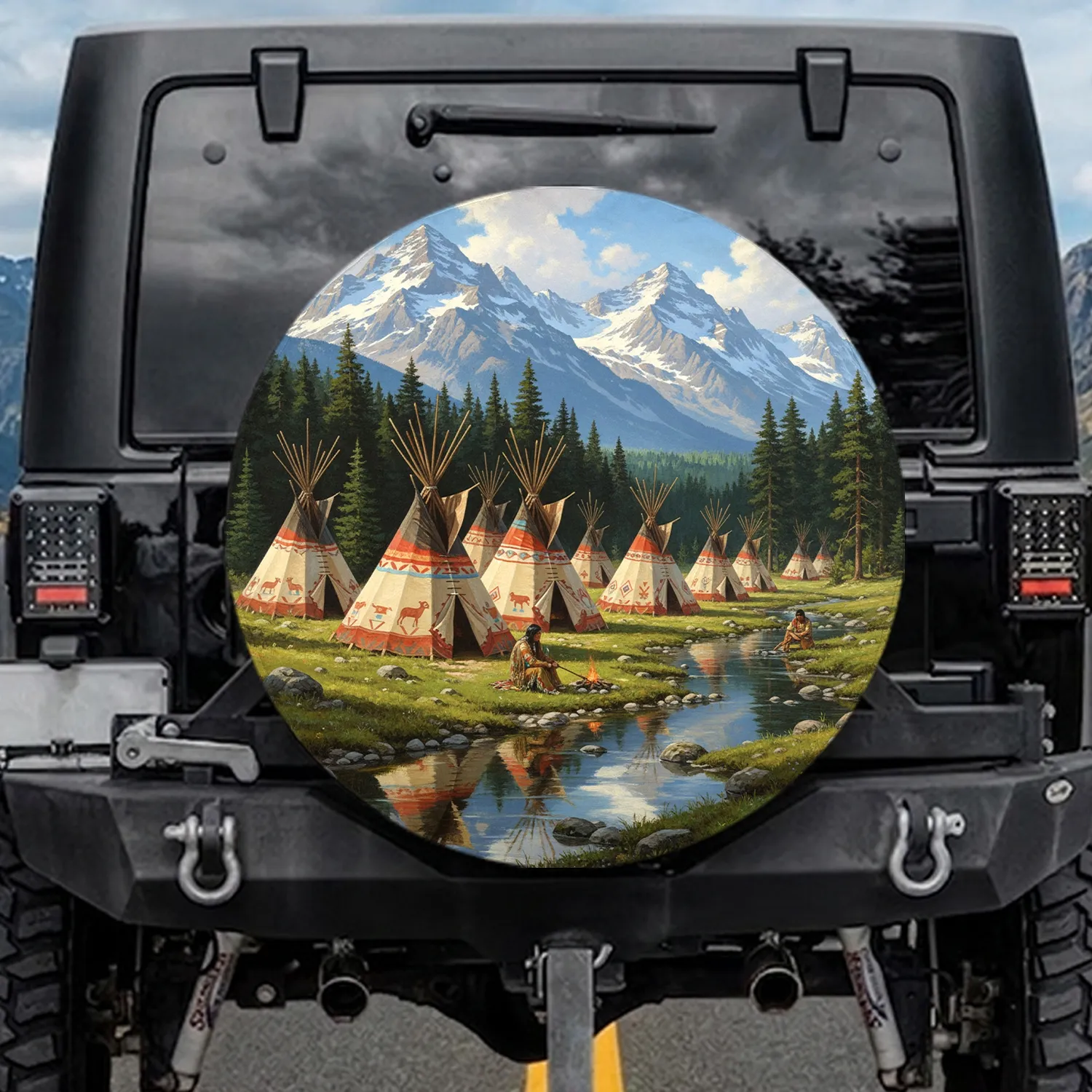 Decorated Teepees Mountain River Forest Scene - Outdoor Adventure Gift Spare Tire Cover - 1