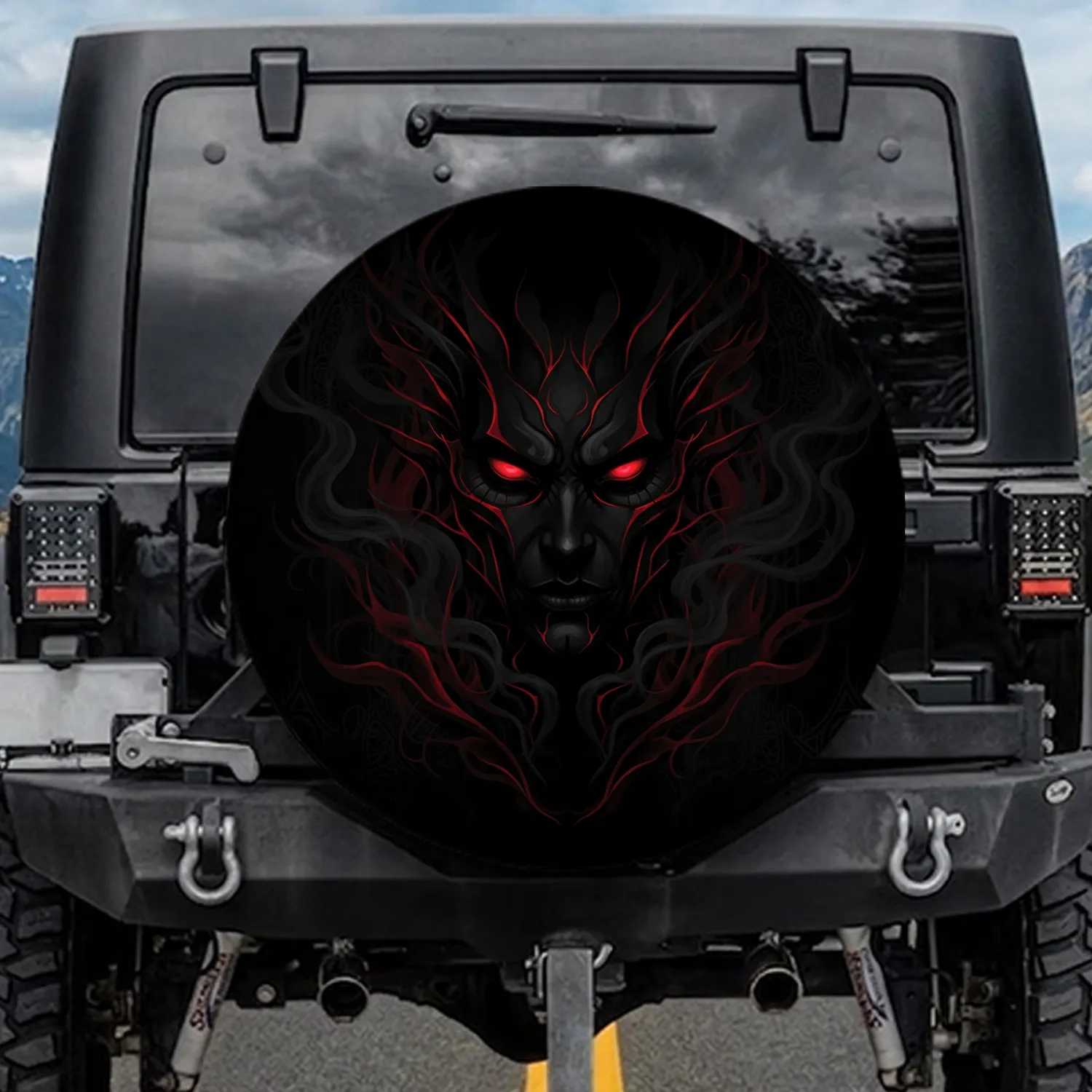Sinister Face Glowing Red Eyes Shadowy Smoke Gothic - Car Accessory Gift Spare Tire Cover - 1