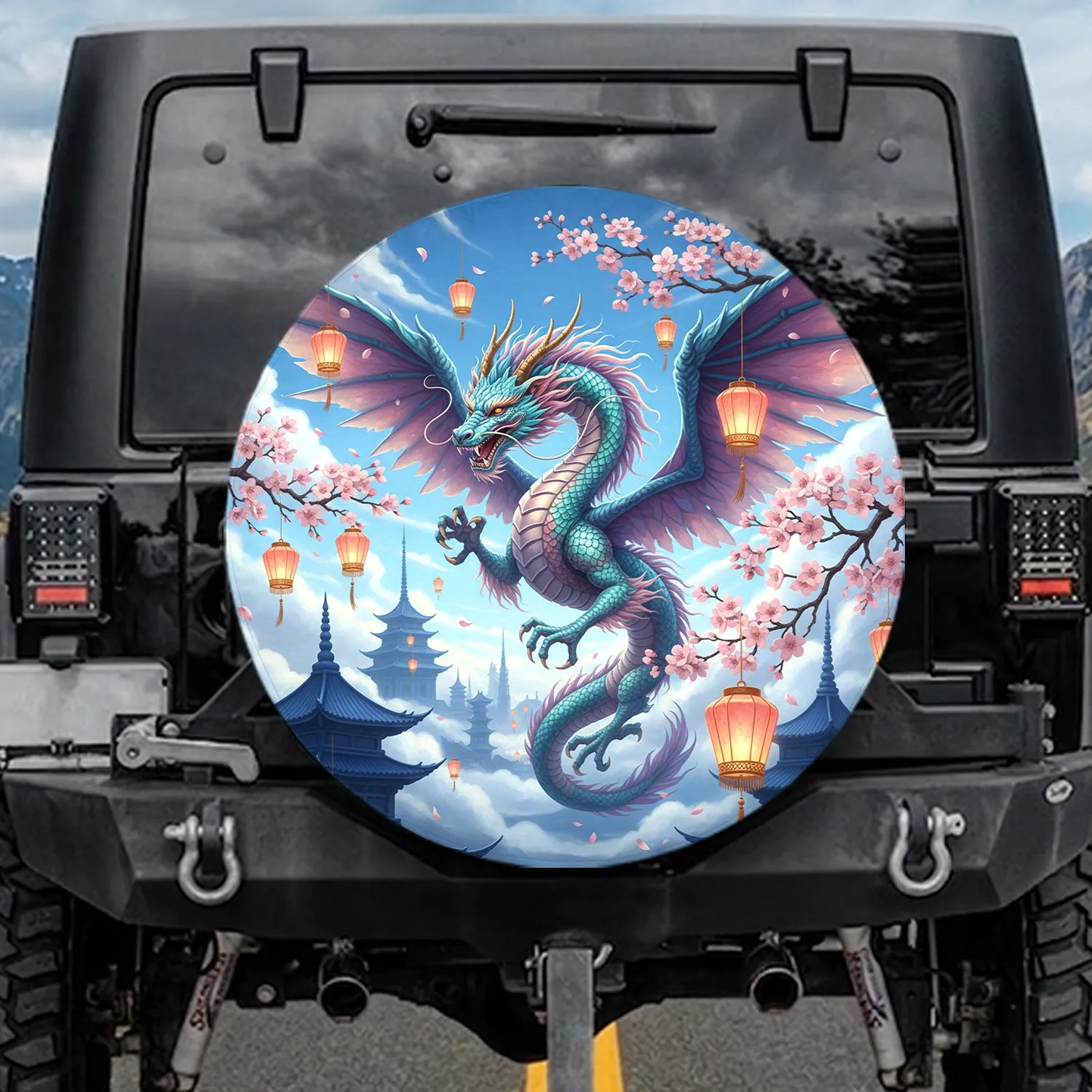 Fantasy Dragon Cherry Blossom Chinese Lanterns - Travel Essentials Spare Tire Cover - 1