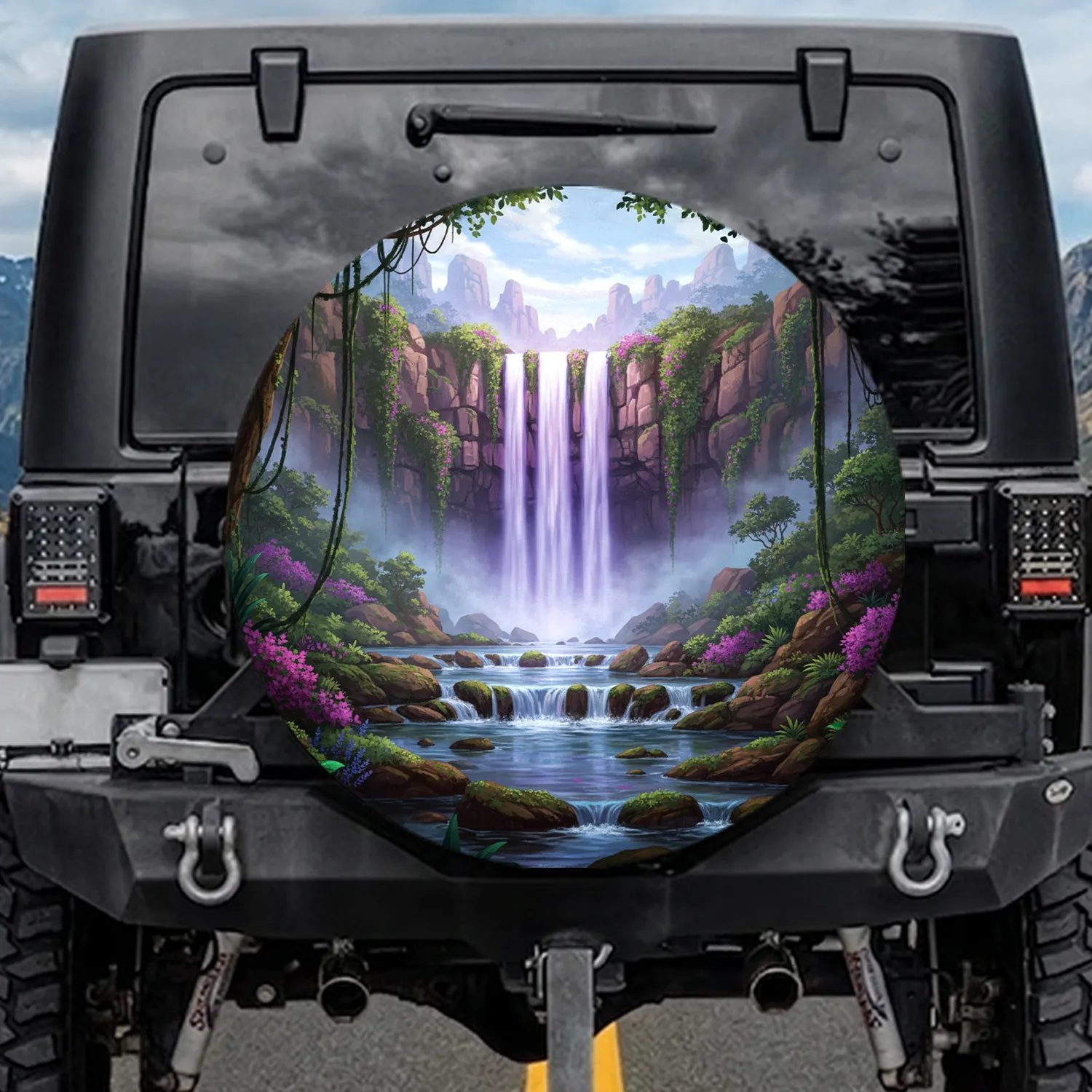 Rocky Cliff Waterfall Multi-Tier Pools Draping Tropical Foliage - Outdoor Life Essentials Spare Tire Cover - 1