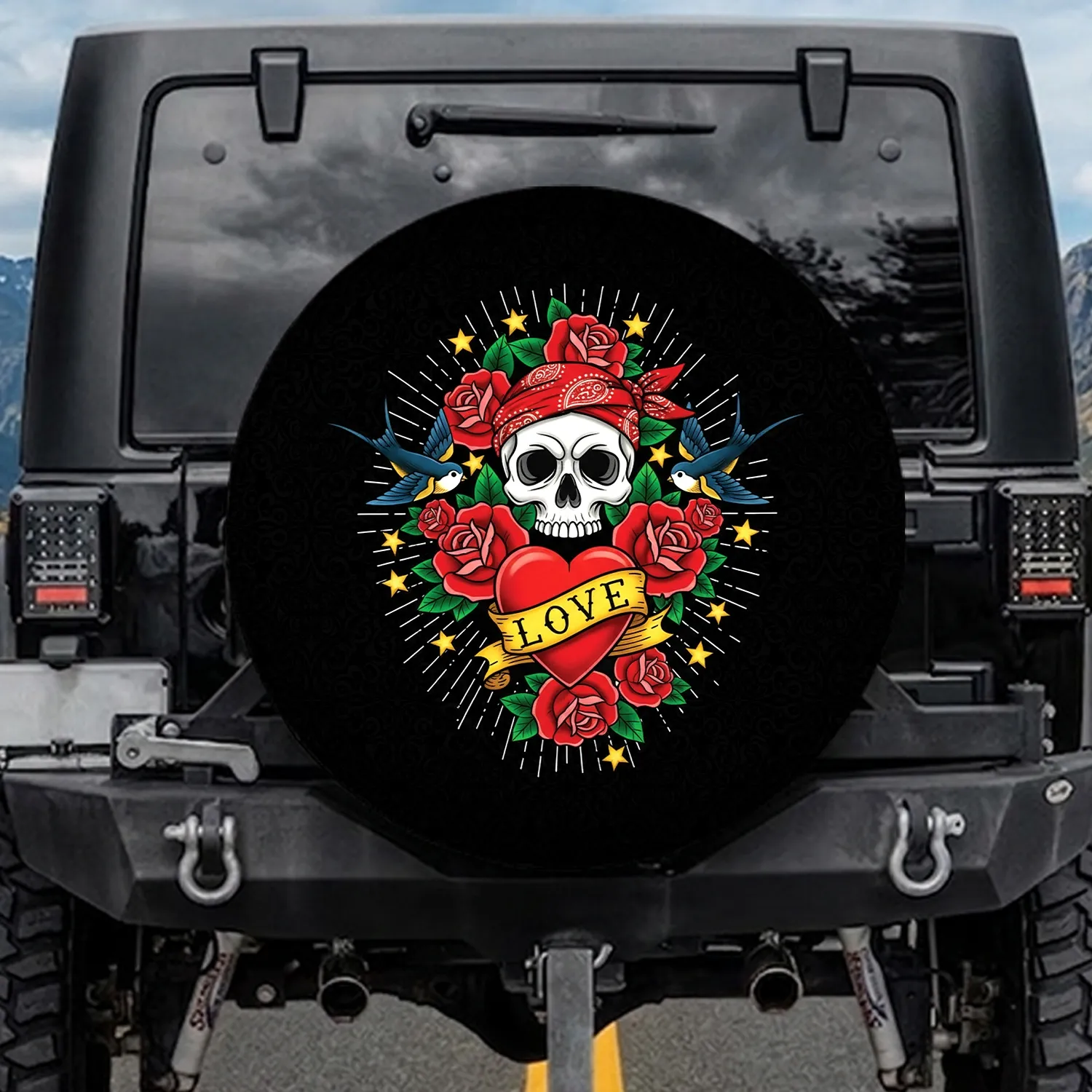 Skull Rose Heart Love Tattoo Flash - Outdoor Lifestyle Gift for Tattoo Lover Spare Tire Cover - 1