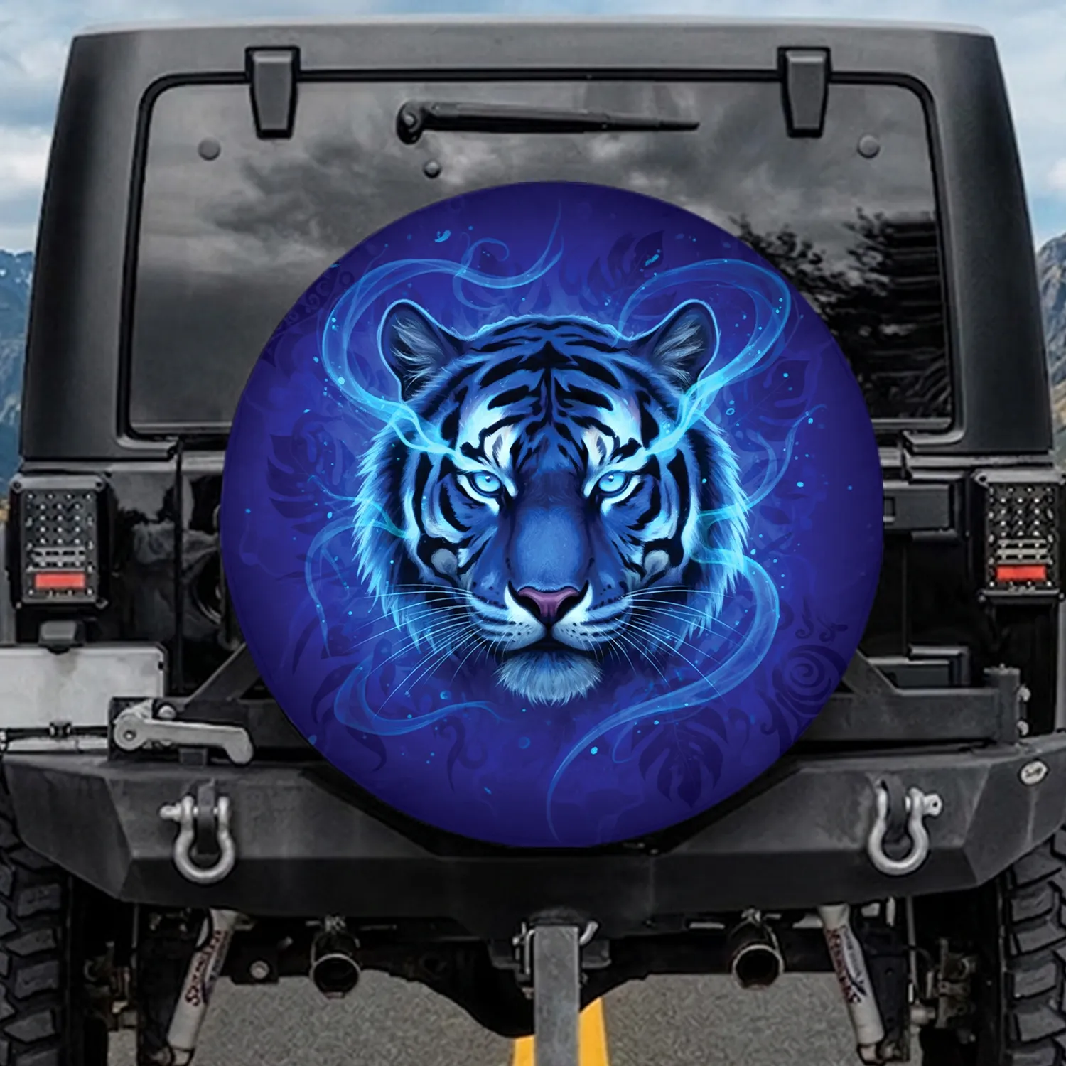 Electric Blue Tiger Head Glowing Eyes Luminous Stripes Jungle Foliage - Wildlife Lover Gift Spare Tire Cover - 1