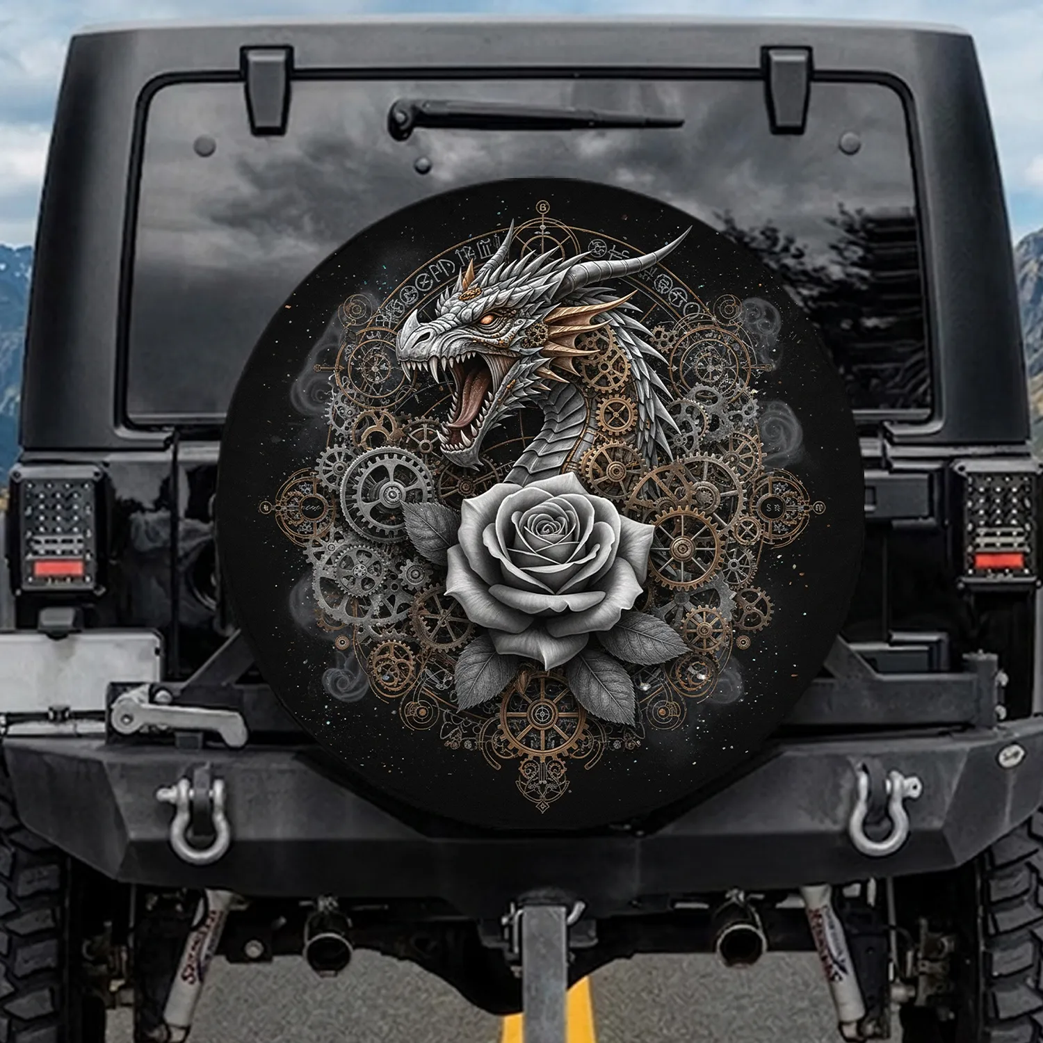 Arcane Steampunk Dragon Gothic Rose - Fantasy Lover Vehicle Gift Spare Tire Cover - 1