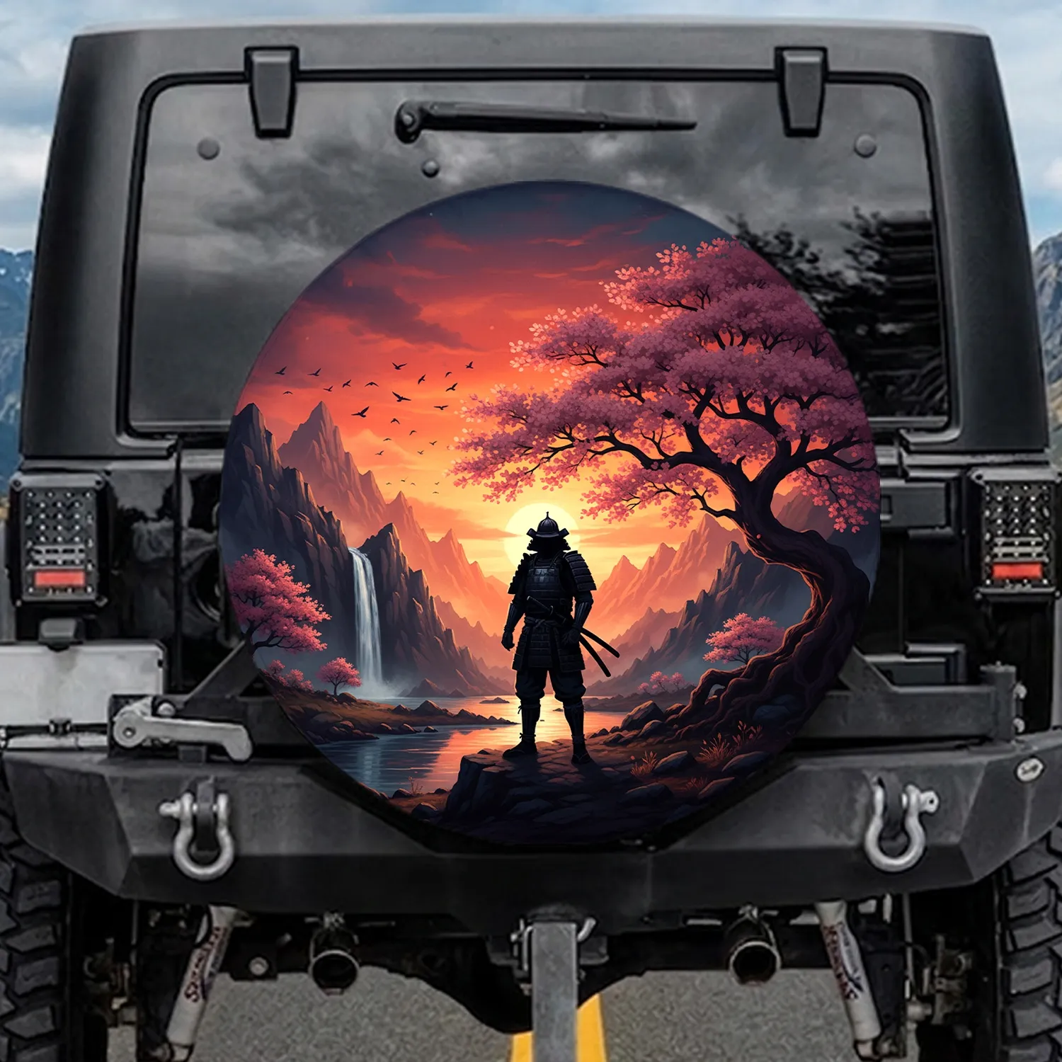 Samurai Warrior Cherry Blossom Mountains - Travel Essentials for Samurai Lover Spare Tire Cover - 1