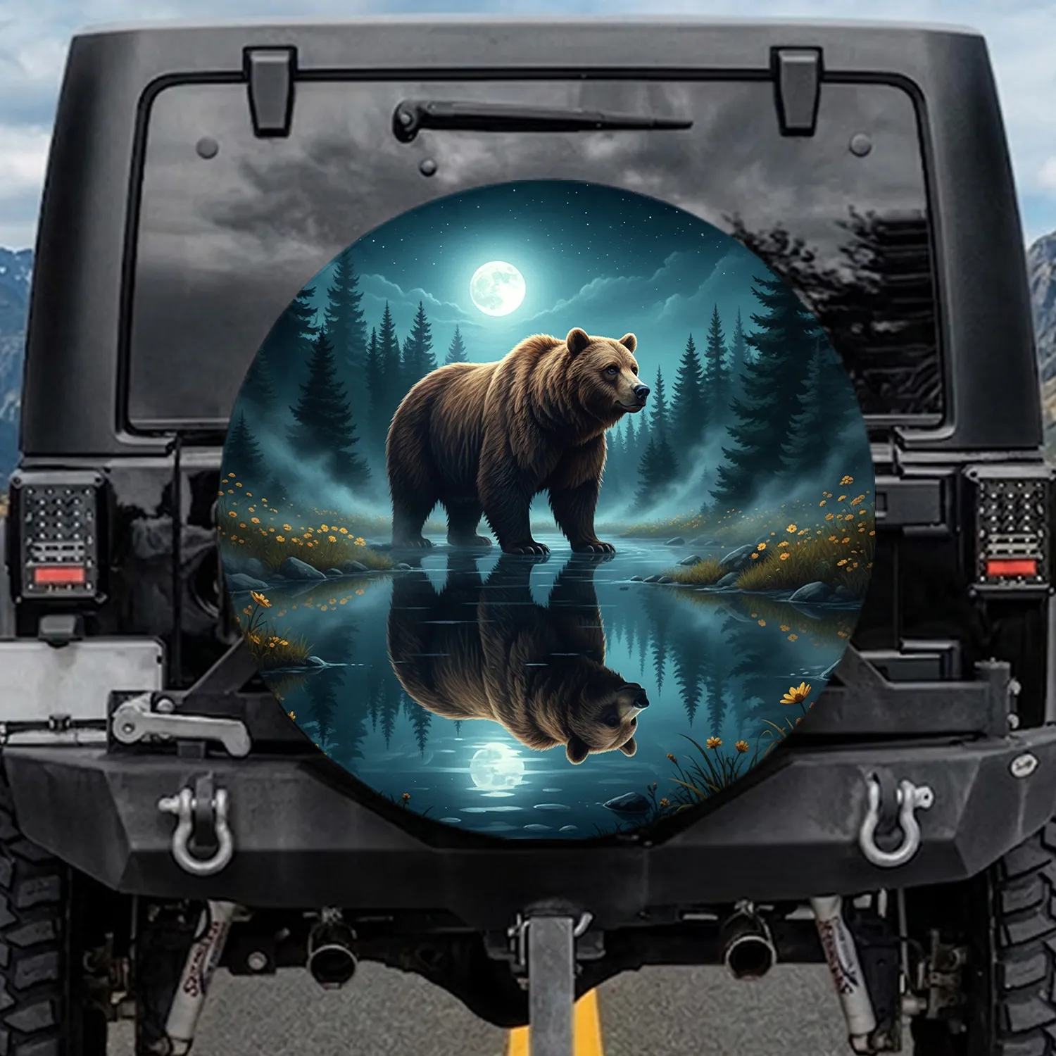 Grizzly Bear Reflective Pool Forest Moon Starry Night Wildflowers - Wildlife Lover Gift Spare Tire Cover - 1