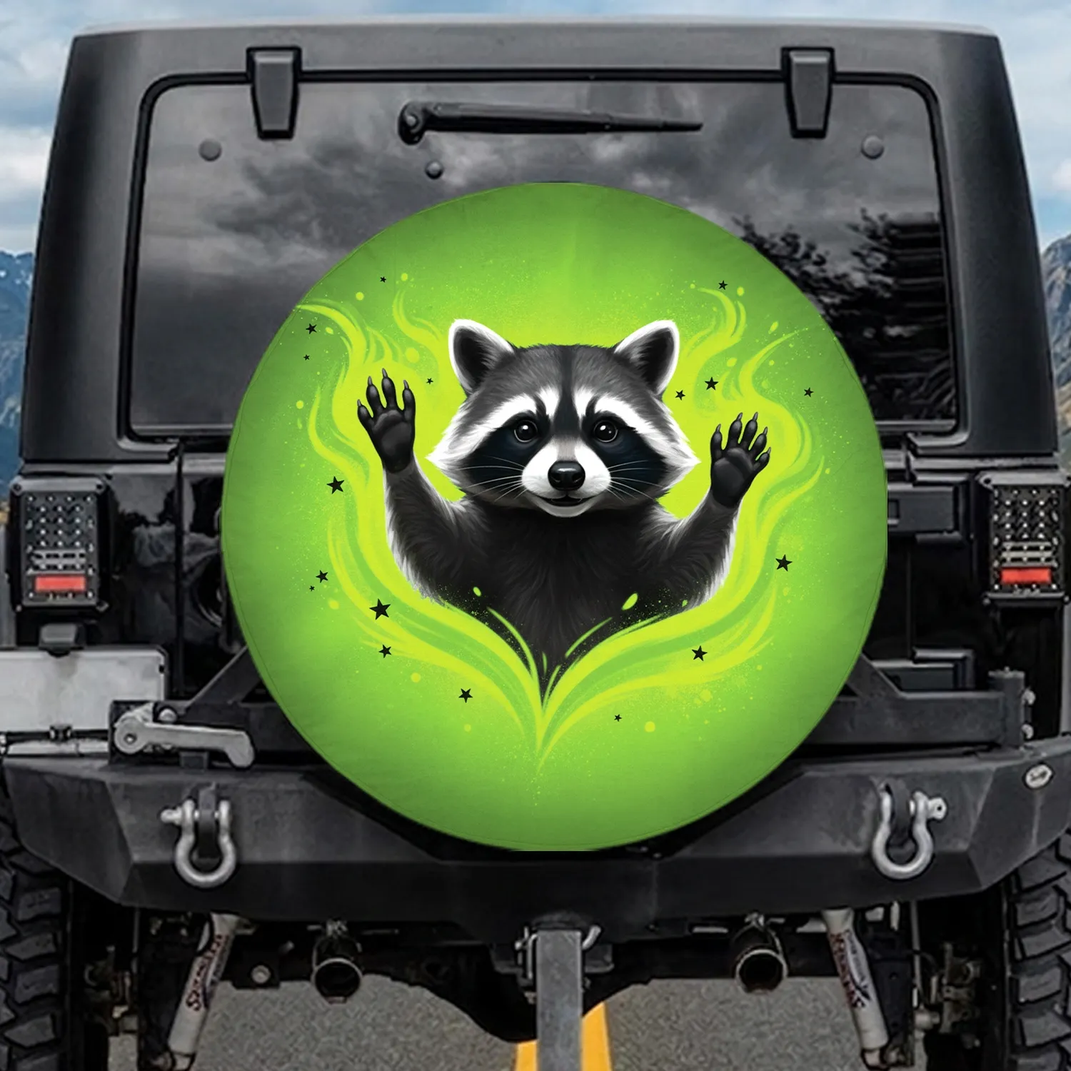Waving Raccoon Neon Green Sunglasses Black T-Shirt - Wildlife Lover Gift Spare Tire Cover - 1