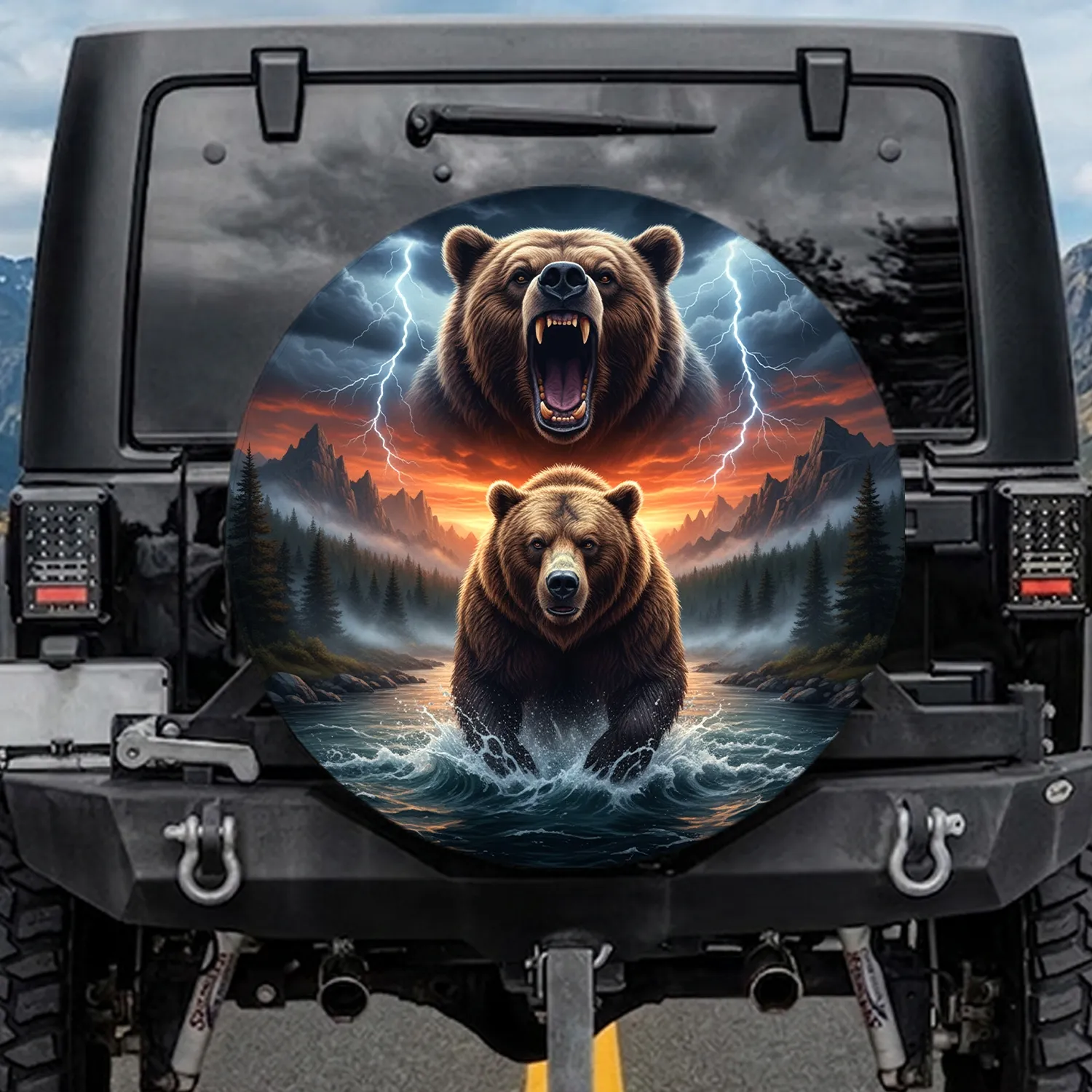 Grizzly Bear River Storm Sky Wilderness - Wildlife Lover Gift Spare Tire Cover - 1