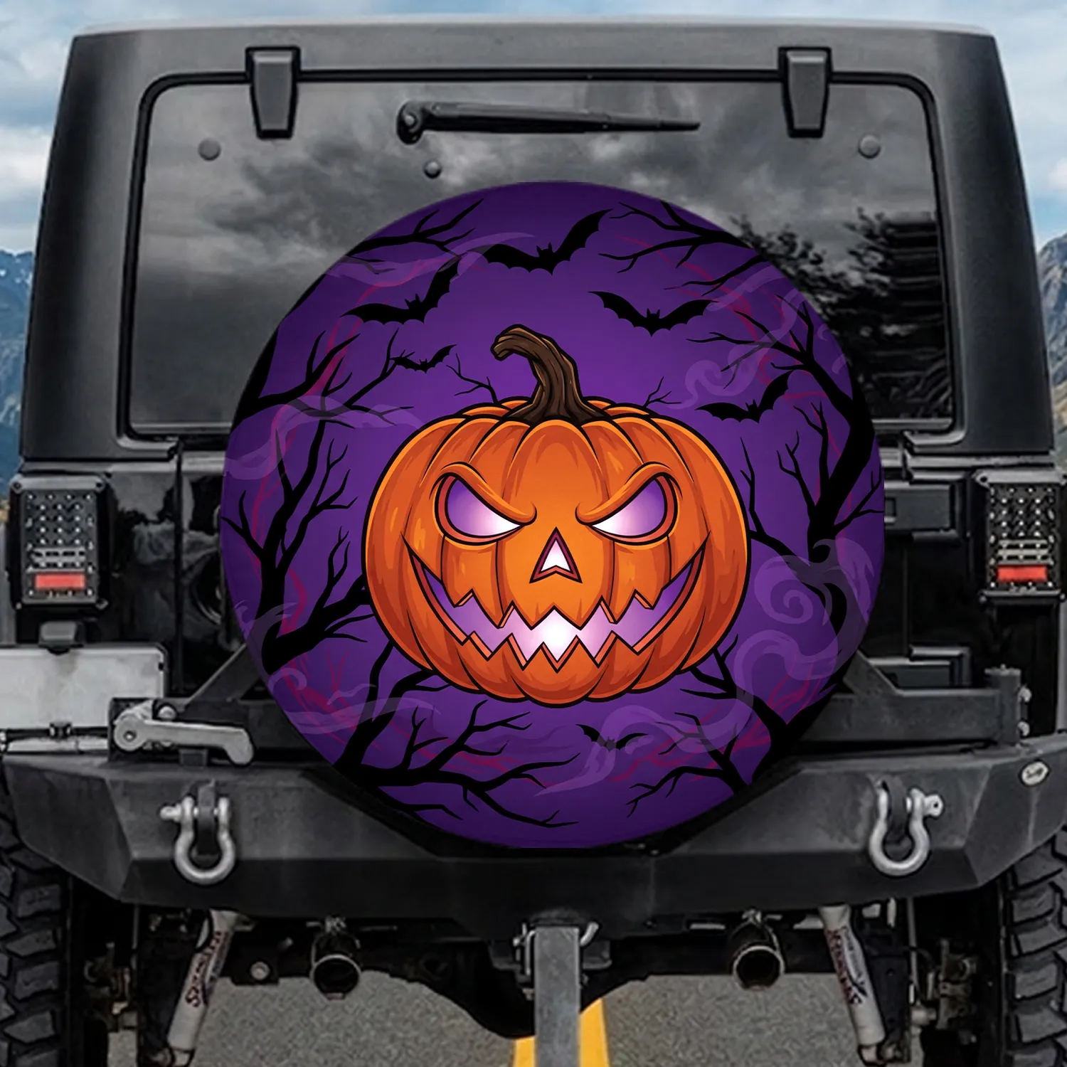 Terrifying Jack-o'-lantern Bats Gnarled Trees - Halloween Party Spare Tire Cover - 1