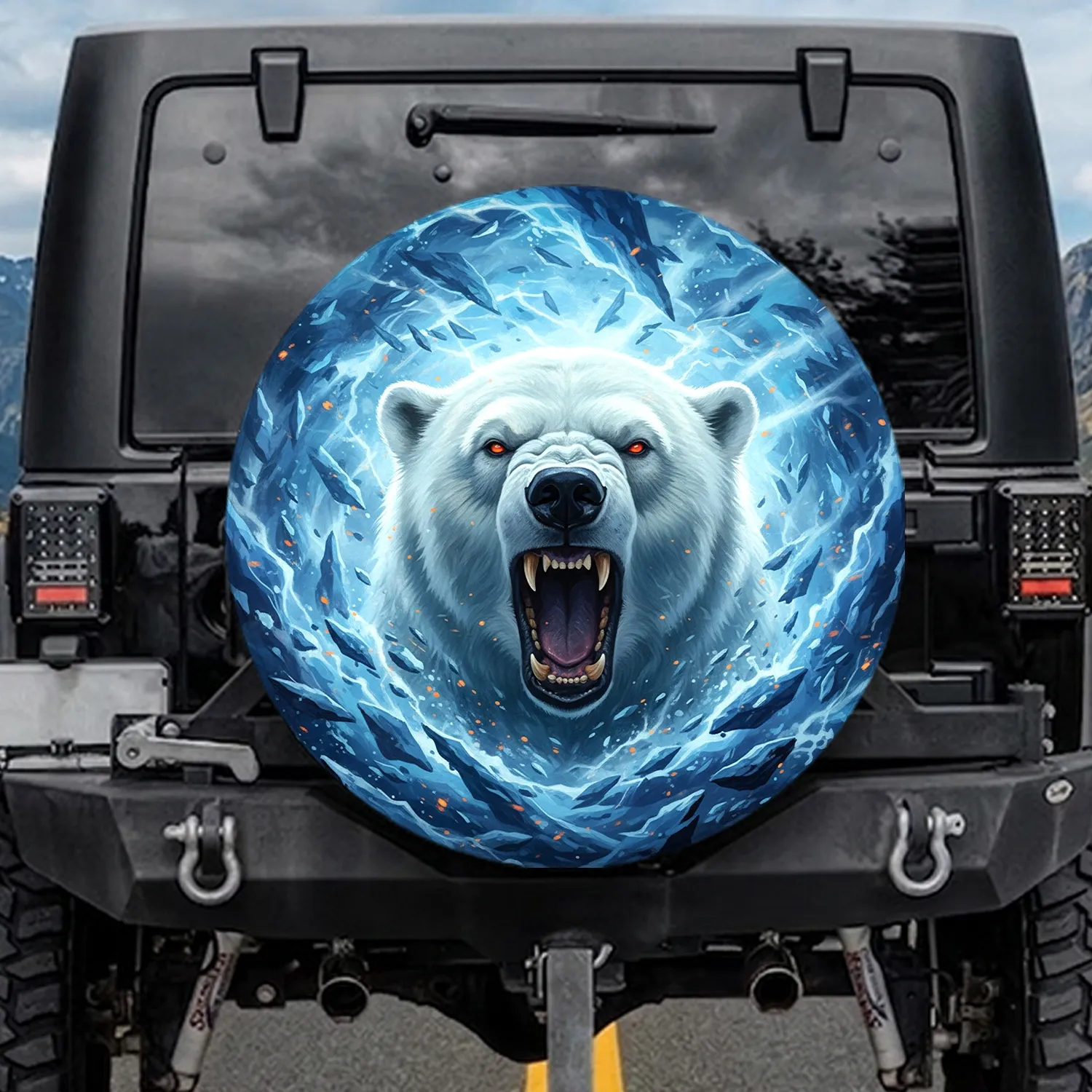 Roaring Polar Bear Sharp Fangs Arctic Blizzard Orange Embers - Wildlife Lover Gift Spare Tire Cover - 1