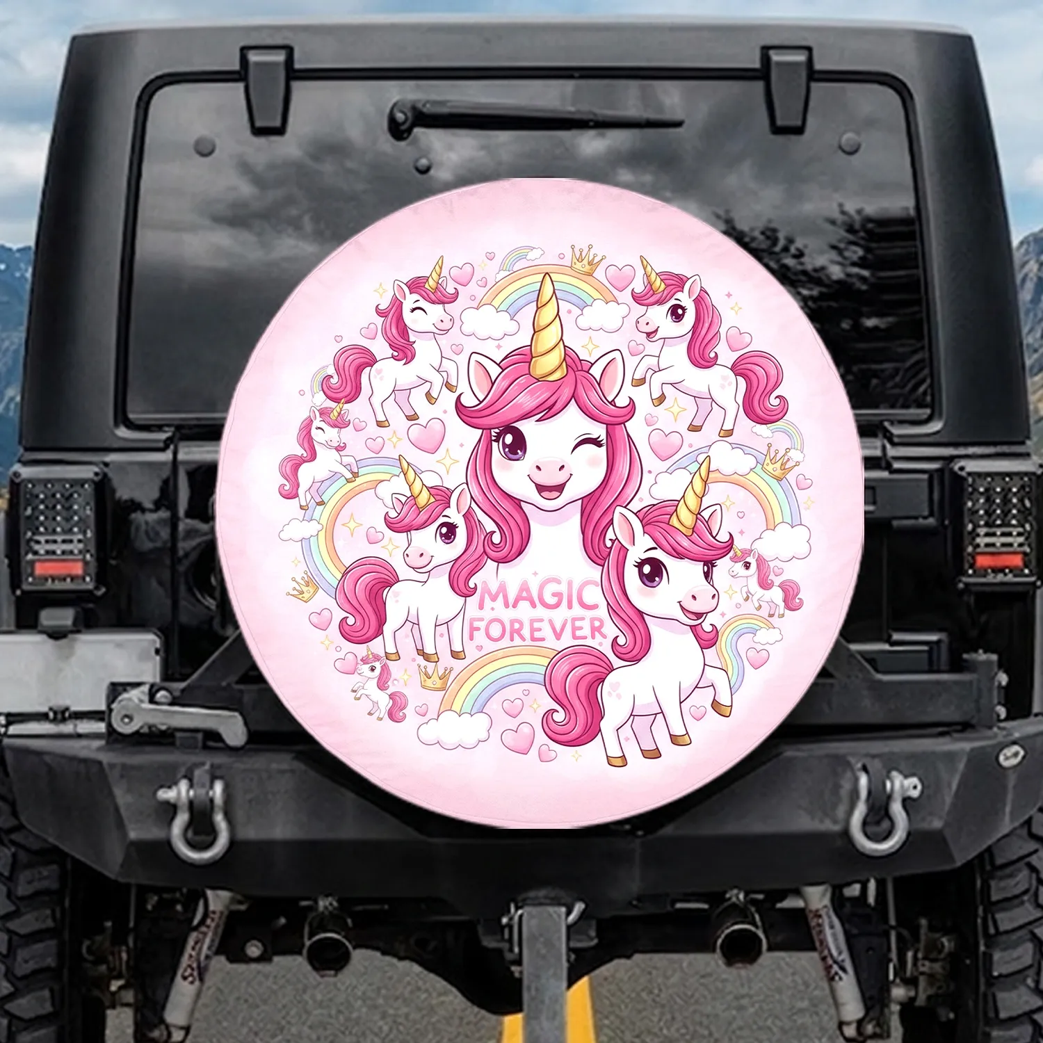 Unicorns Pastel Rainbows Golden Crowns Pink Hearts - Gift for Unicorn Lovers Spare Tire Cover - 1