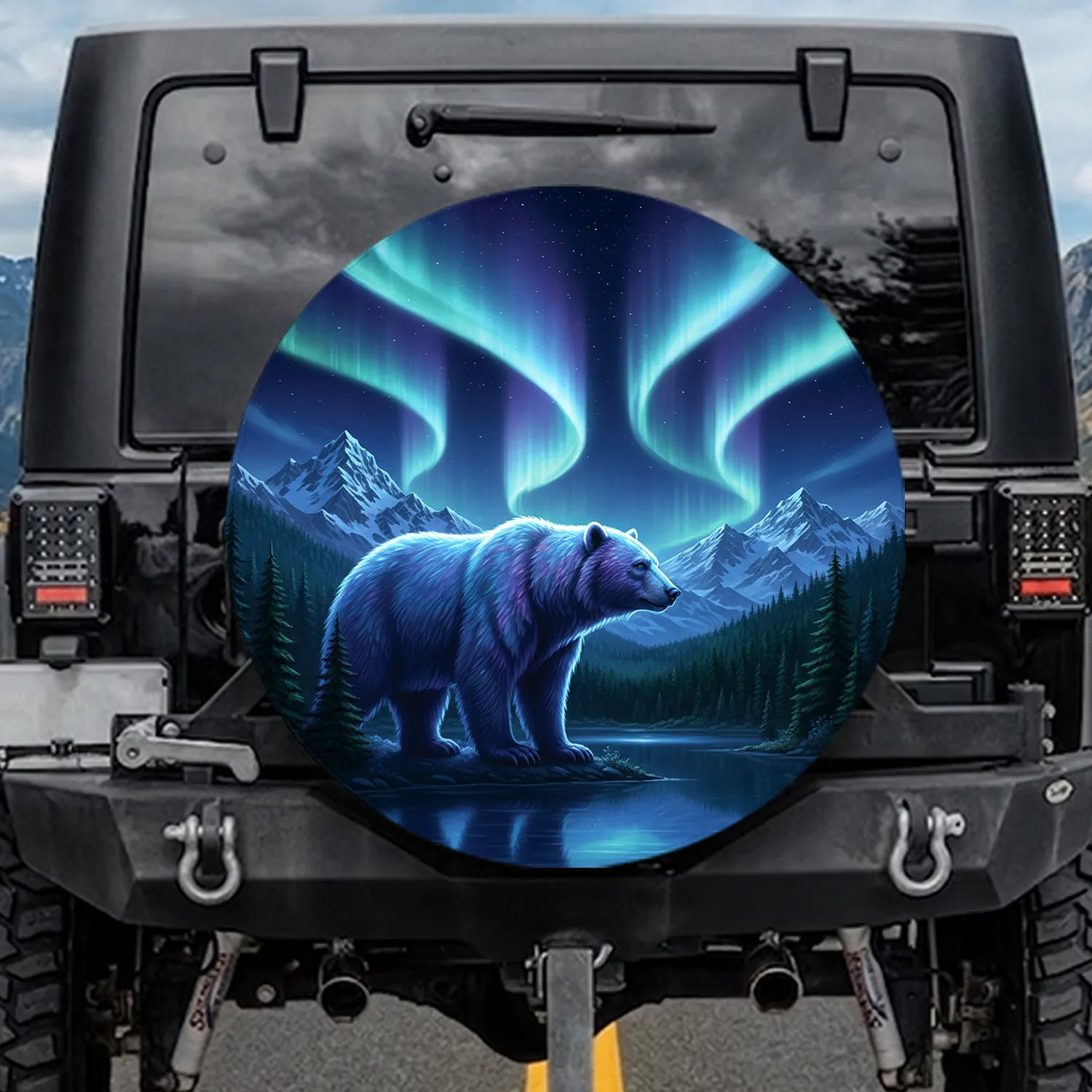 Majestic Spirit Bear Aurora Borealis Mountains Forest Lake - Wildlife Lover Gift Spare Tire Cover - 1