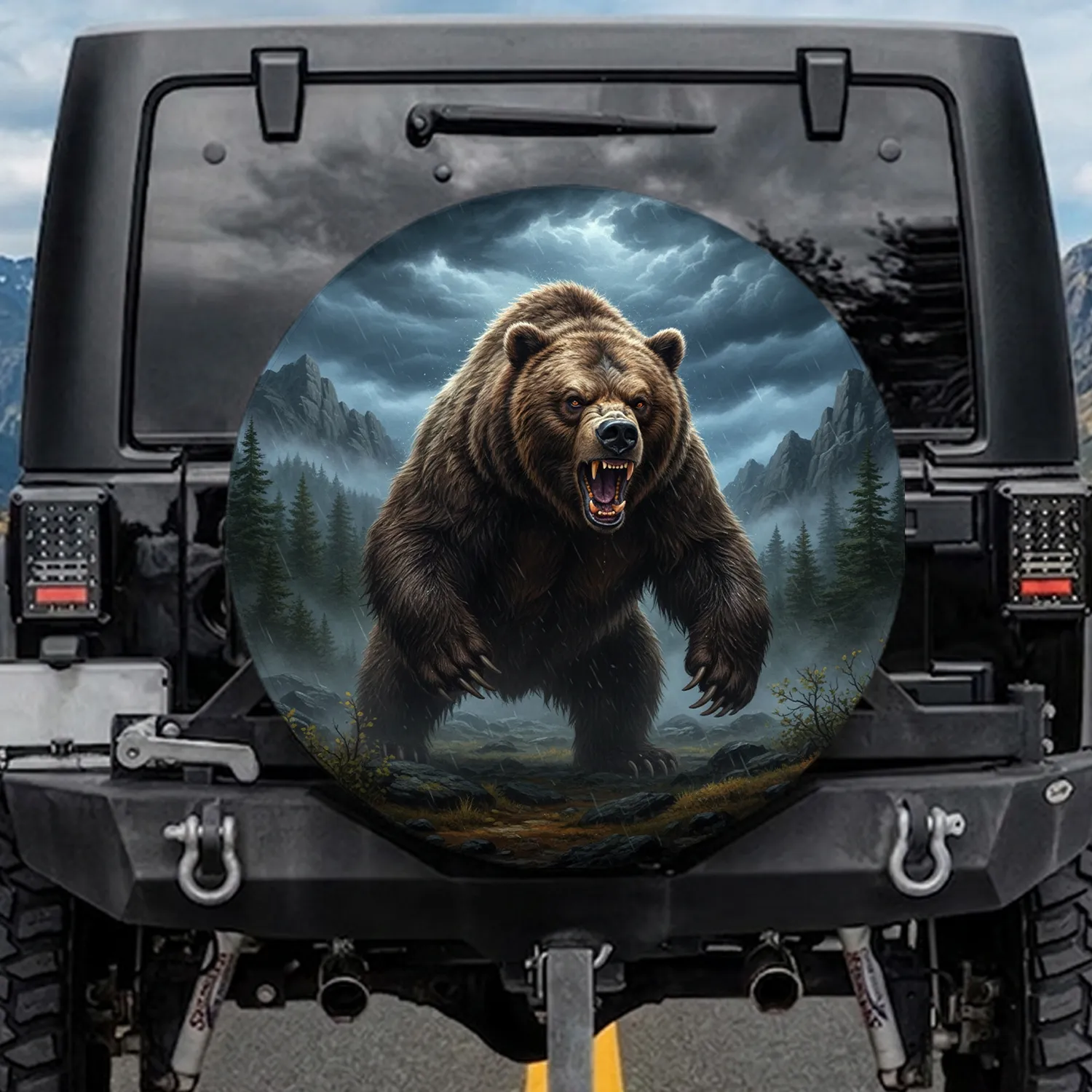 Powerful Grizzly Bear Snarling Bared Teeth Craggy Rocks Forest Storm - Wildlife Lover Gift Spare Tire Cover - 1