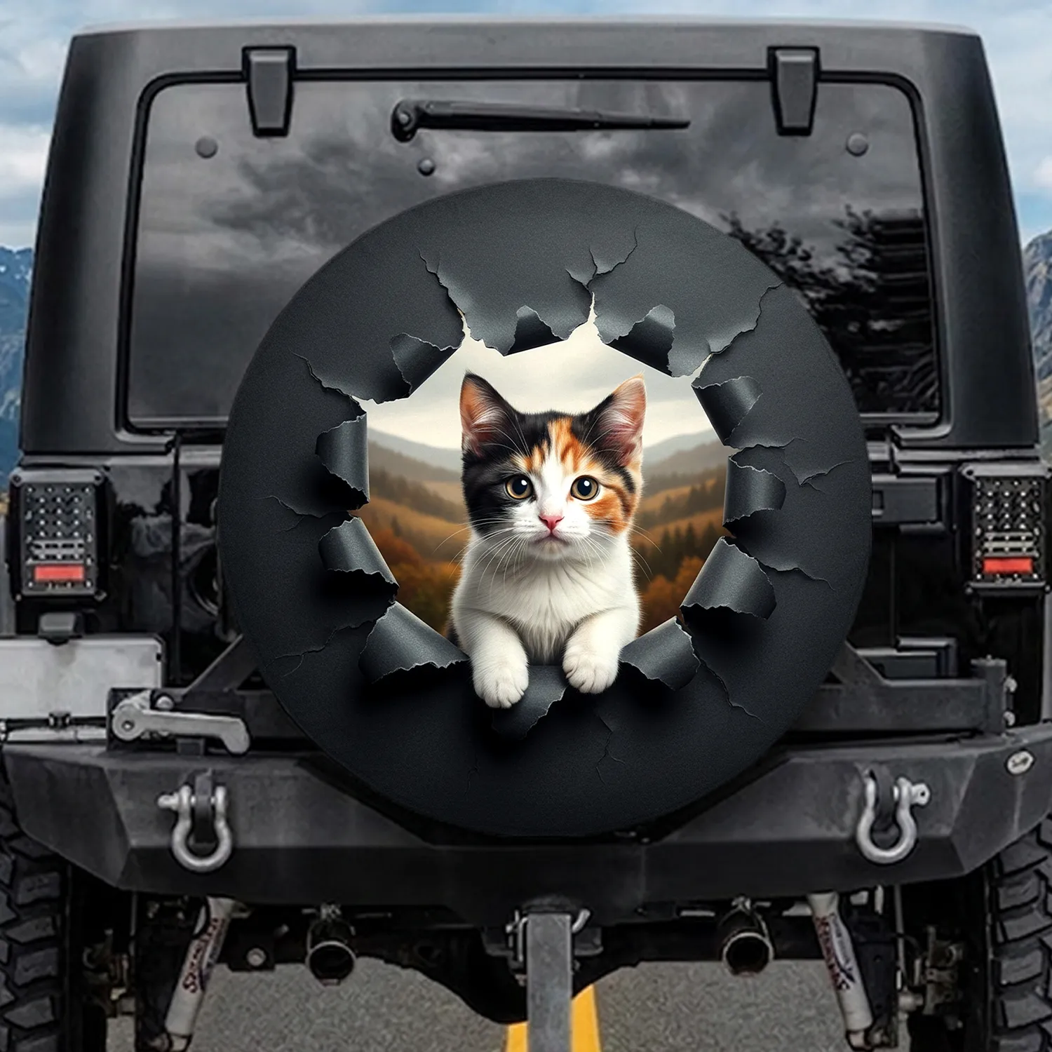 Calico Kitten Peeking Torn Charcoal Texture - Cat Lover Wildlife Gift Spare Tire Cover - 1
