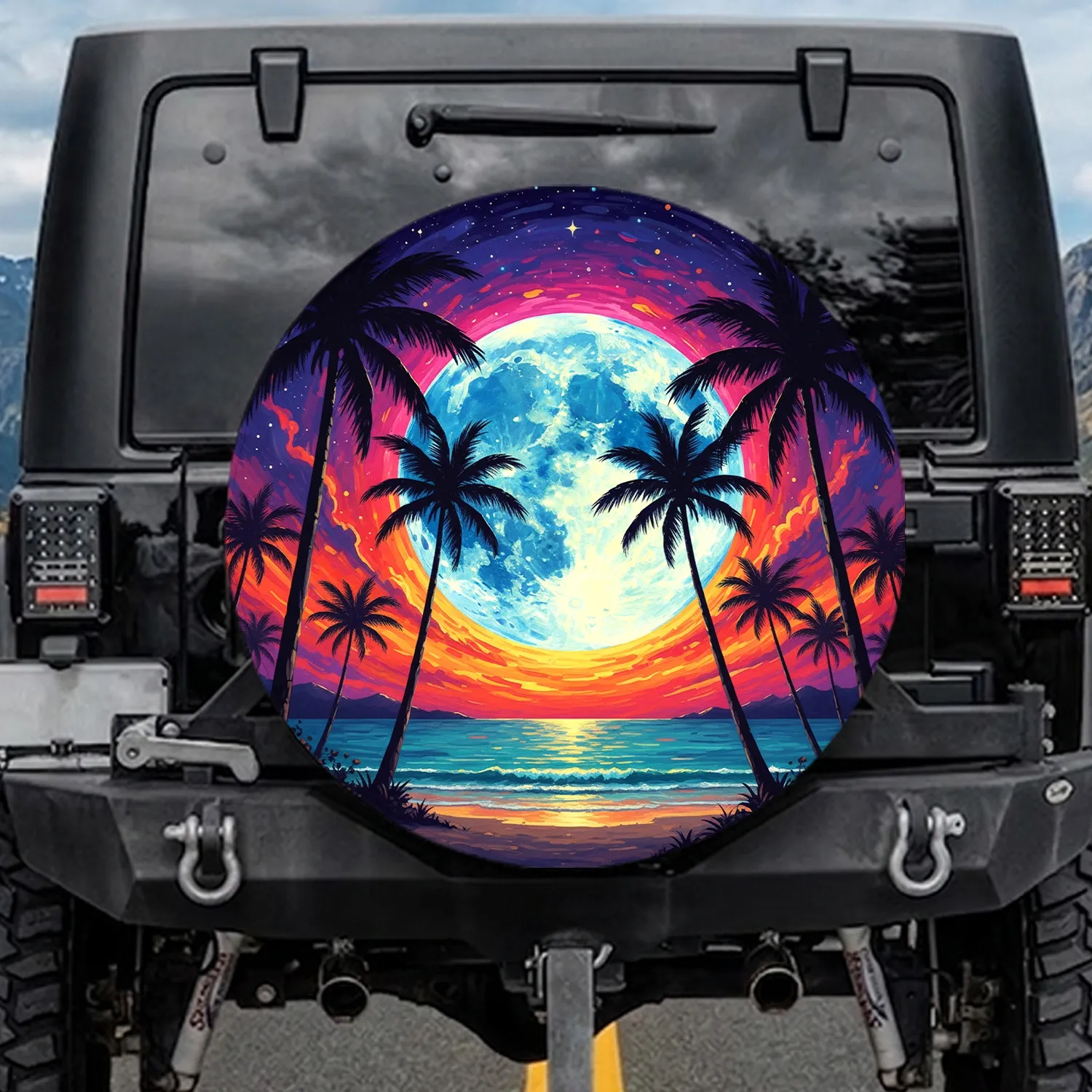 Tropical Palm Trees Luminous Full Moon - Travel Essentials for Beach Lover Spare Tire Cover - 1