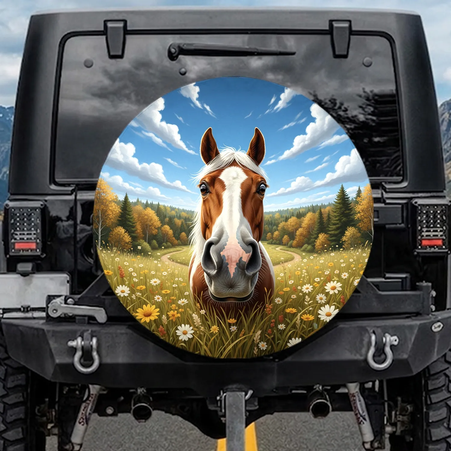 Curious Horse Face Wildflower Meadow - Wildlife Lover Gift for Horse Enthusiasts Spare Tire Cover - 1