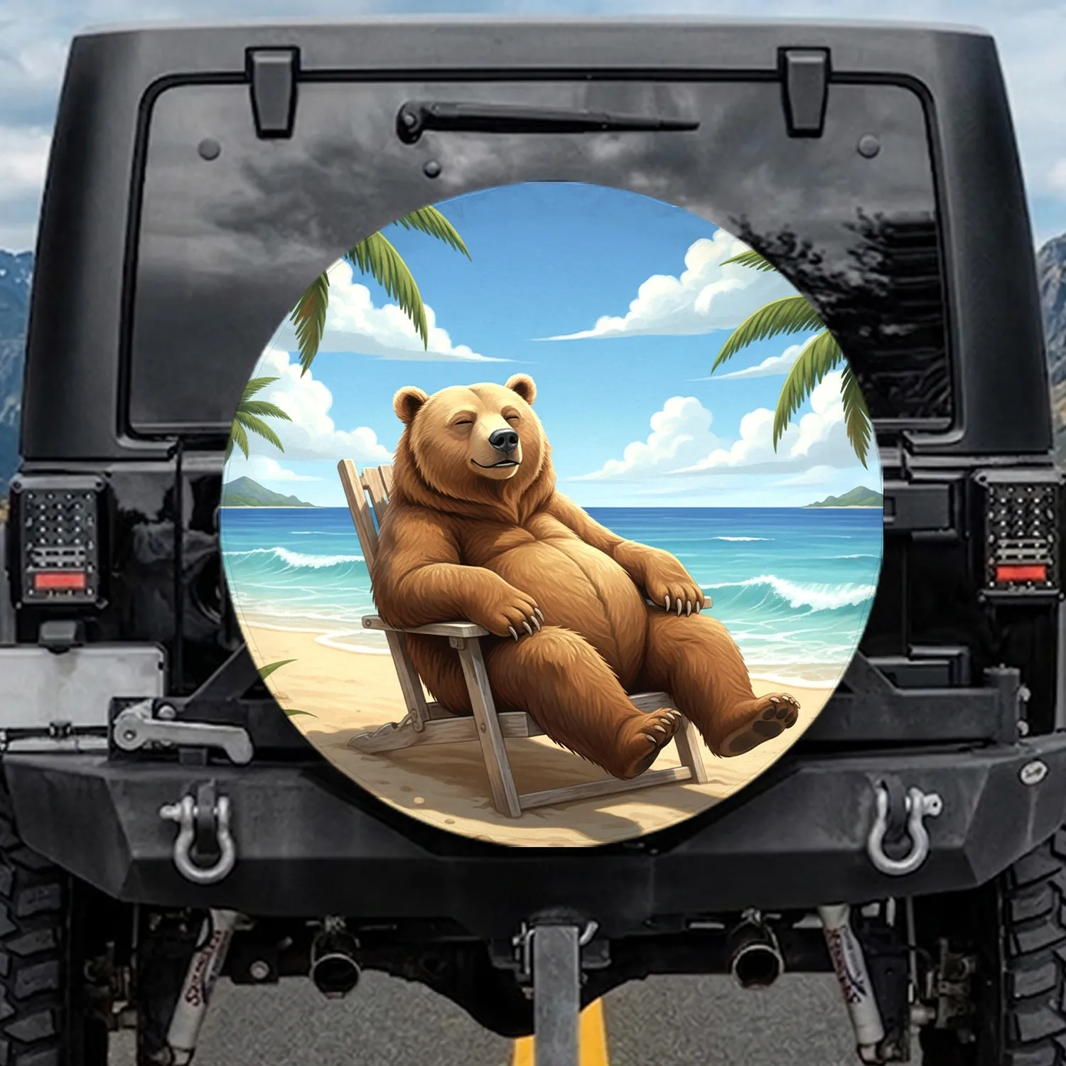 Grizzly Bear Lounging Beach Chair Tropical Scene - Wildlife Lover Gift Spare Tire Cover - 1