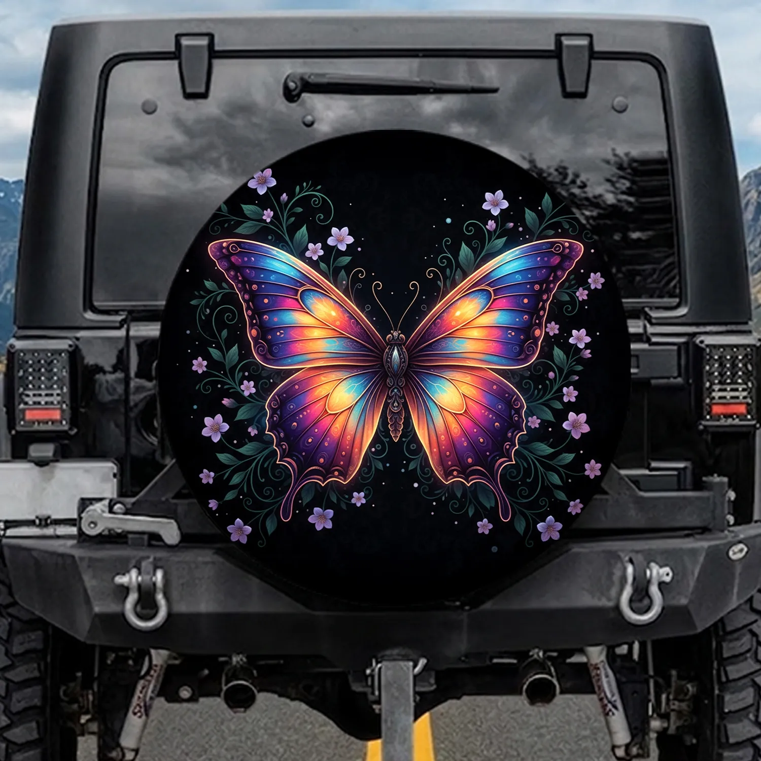 Majestic Glowing Butterfly Expansive Wings Floral Sprigs Blossoms Leaves - Wildlife Lover Gift Spare Tire Cover - 1