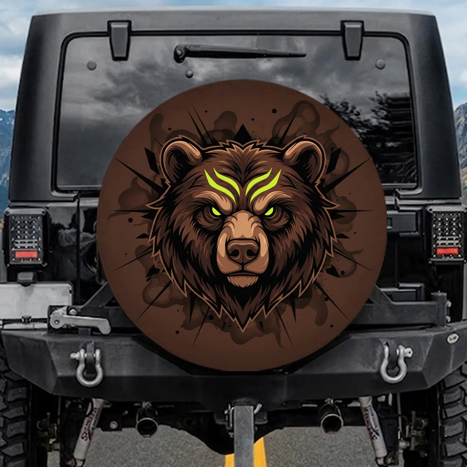 Bear Wolverine Creature Dark Fur Neon Stripes Glowing Green Eyes - Wildlife Lover Gift Spare Tire Cover - 1