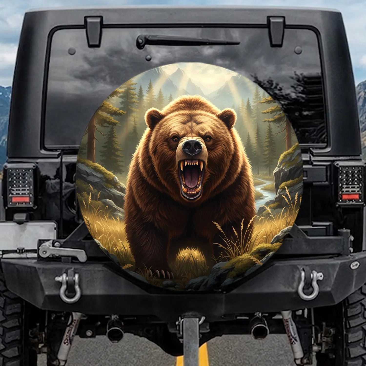 Grizzly Bear Roaring Pine Forest - Wildlife Lover Gift Spare Tire Cover - 1