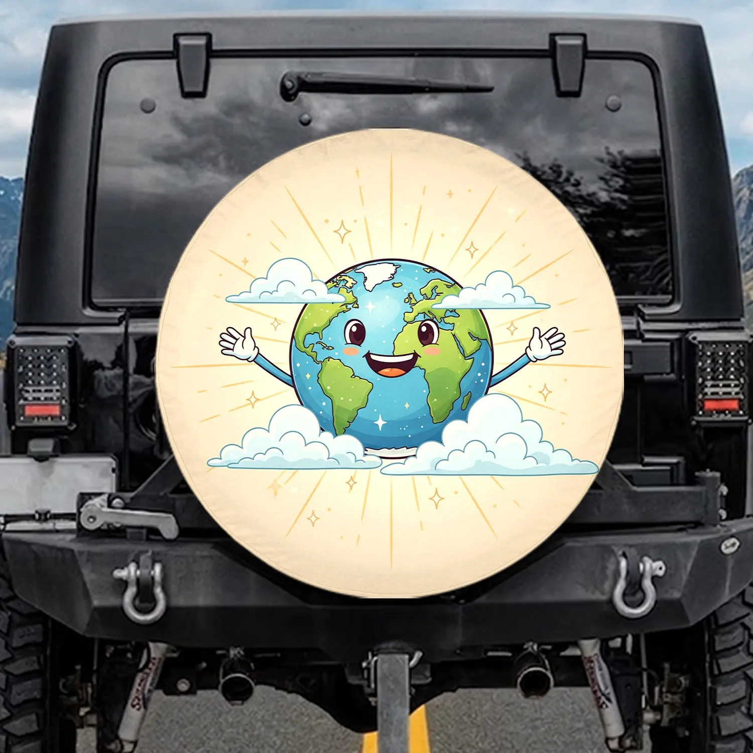 Smiling Cartoon Earth with Welcoming Arms Clouds Stars - Home Decor Gift for Earth Lovers Spare Tire Cover - 1