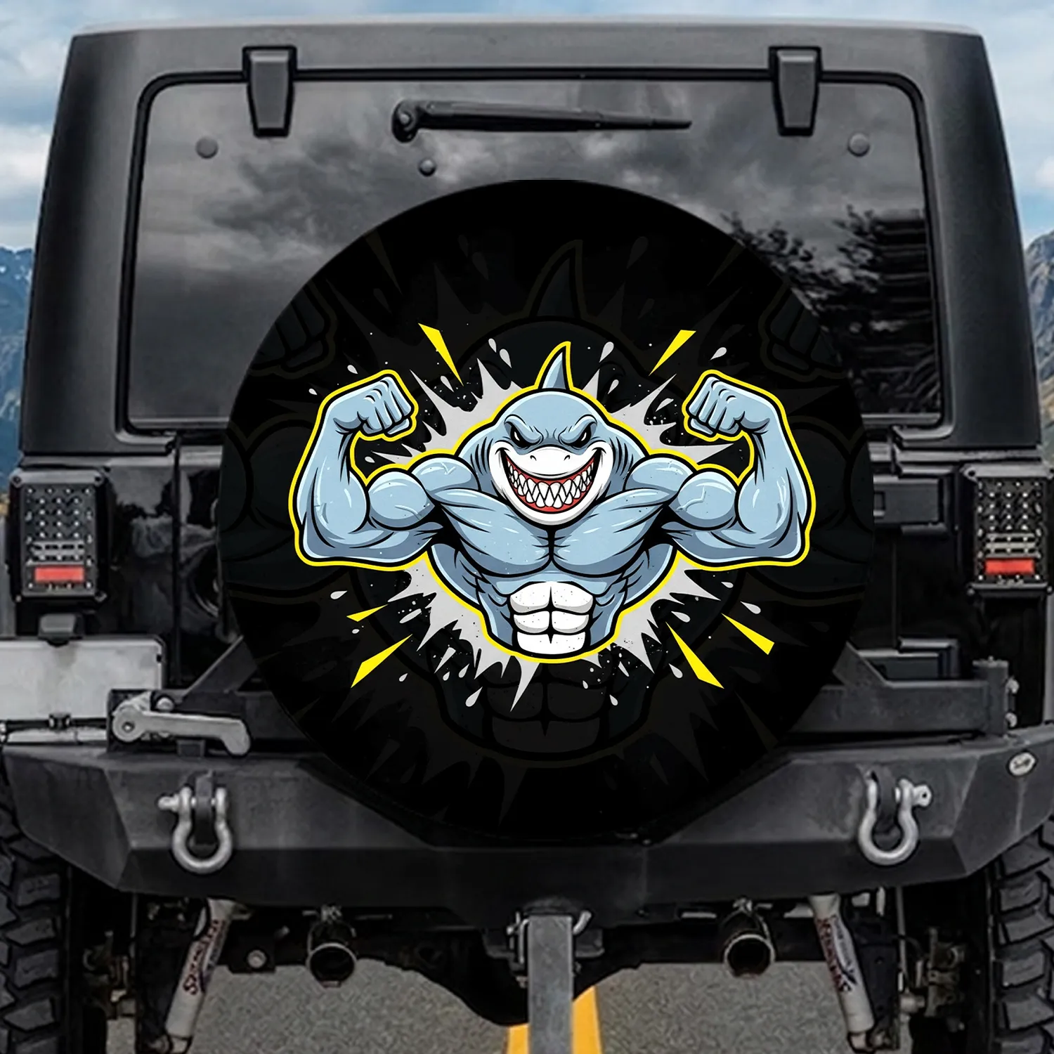 Stylized Cartoon Shark with Flexing Arms - Outdoor Adventure Gift for Drivers Spare Tire Cover - 1