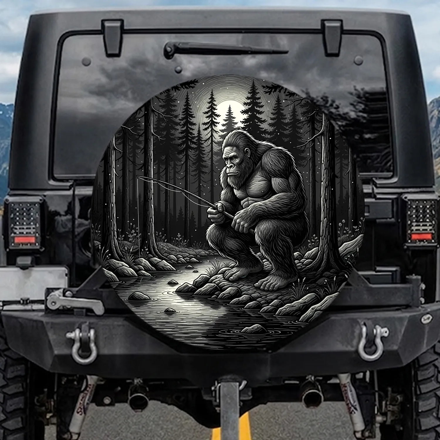 Bigfoot Fishing Moonlit Forest - Outdoor Adventure Gift for Outdoorsmen Spare Tire Cover - 1