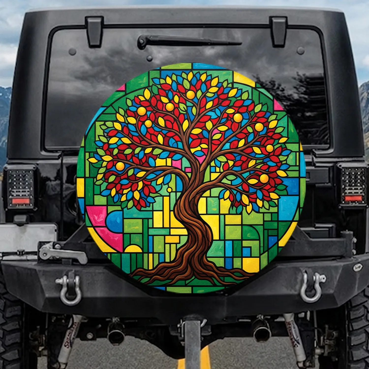 Tree Geometric Stained Glass Mosaic - Outdoor Decor Gift Spare Tire Cover - 1
