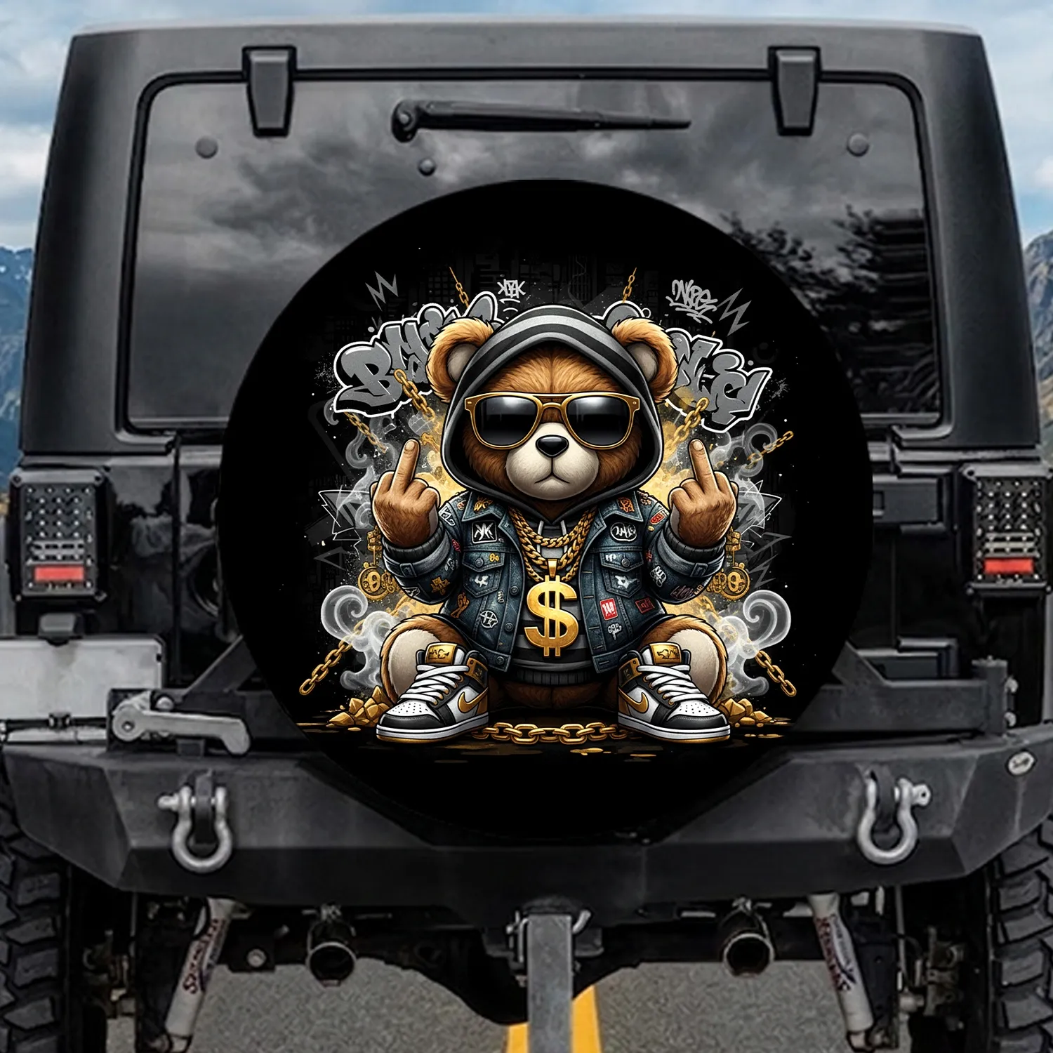 Middle Finger Teddy Bear Hoodie Gold Chain Graffiti - Urban Style Gift for Hip Hop Fan Spare Tire Cover - 1