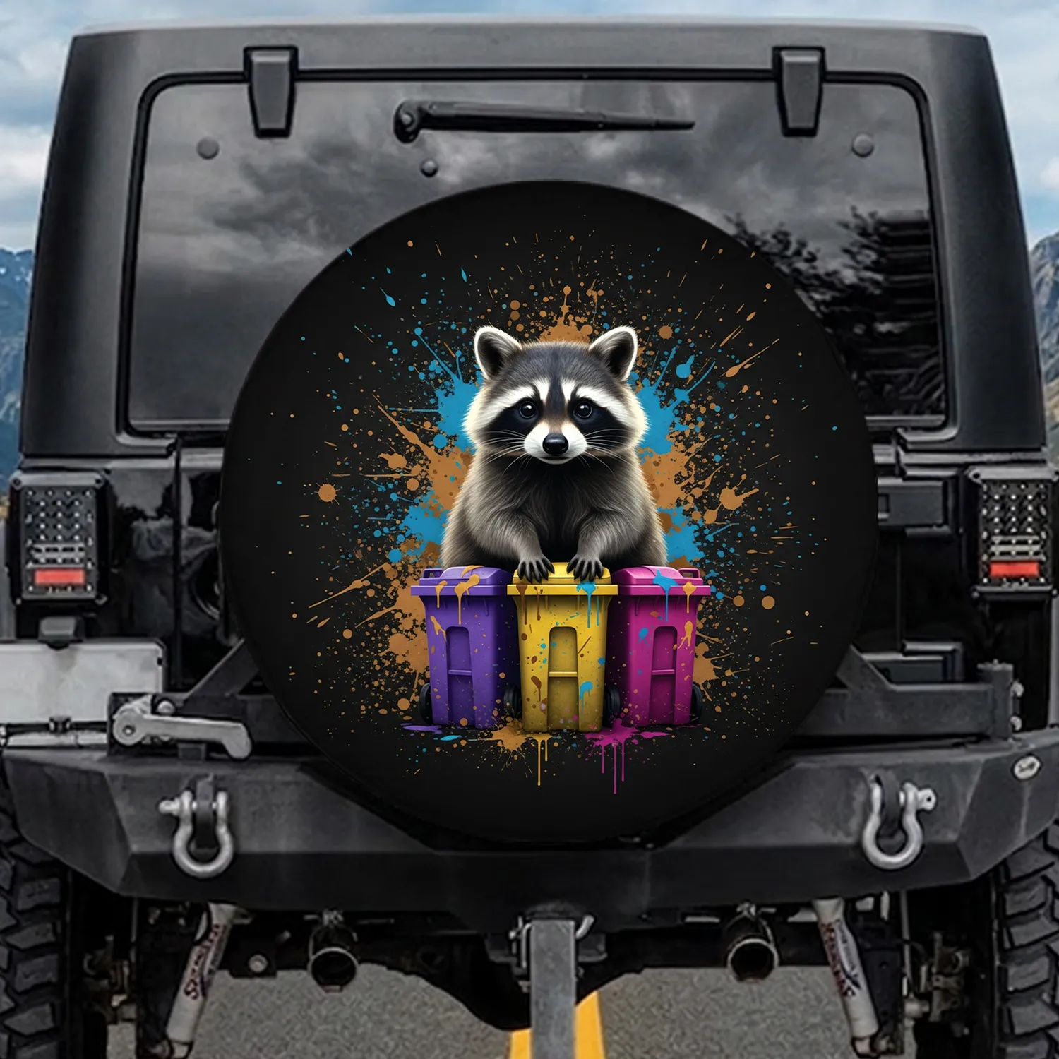 Mischievous Raccoon Trash Bin Splatters - Wildlife Lover Gift for Raccoon Lover Spare Tire Cover - 1